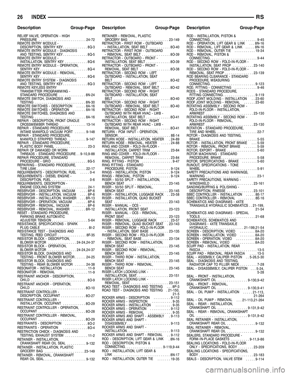 CHRYSLER CARAVAN 2005 Service Manual RELIEF VALVE, OPERATION - HIGHPRESSURE ......................... 24-72
REMOTE ENTRY MODULE - DESCRIPTION, SENTRY KEY .............8Q-3
REMOTE ENTRY MODULE - DIAGNOSIS AND TESTING, SENTRY KEY ......... CHRYSLER CARAVAN 2005 Service Manual RELIEF VALVE, OPERATION - HIGHPRESSURE ......................... 24-72
REMOTE ENTRY MODULE - DESCRIPTION, SENTRY KEY .............8Q-3
REMOTE ENTRY MODULE - DIAGNOSIS AND TESTING, SENTRY KEY .........