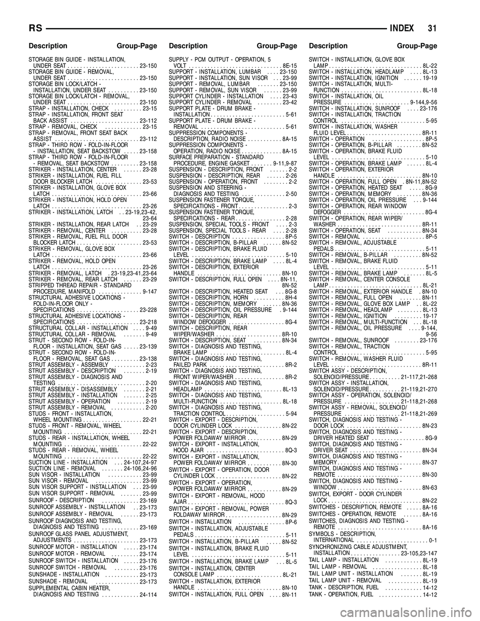CHRYSLER CARAVAN 2005  Service Manual STORAGE BIN GUIDE - INSTALLATION,UNDER SEAT ....................... 23-150
STORAGE BIN GUIDE - REMOVAL, UNDER SEAT ....................... 23-150
STORAGE BIN LOCK/LATCH - INSTALLATION, UNDER SEAT ....