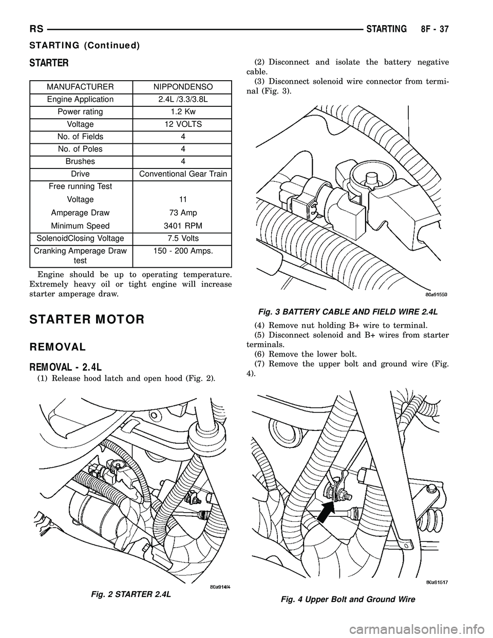 CHRYSLER CARAVAN 2005  Service Manual STARTER
MANUFACTURER NIPPONDENSO
Engine Application 2.4L /3.3/3.8L
Power rating 1.2 Kw
Voltage 12 VOLTS
No. of Fields 4
No. of Poles 4
Brushes 4
Drive Conventional Gear Train
Free running Test
Voltage