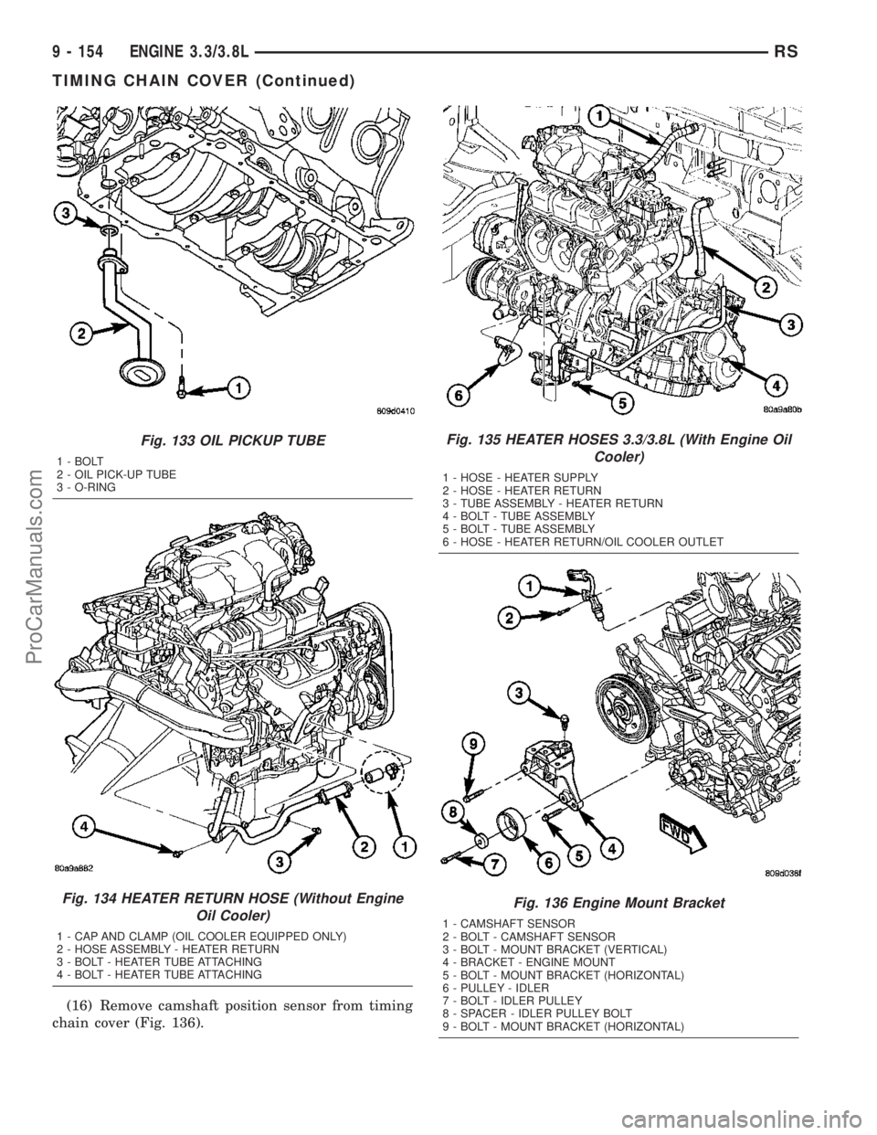 CHRYSLER CARAVAN 2003  Service Manual (16) Remove camshaft position sensor from timing
chain cover (Fig. 136).
Fig. 133 OIL PICKUP TUBE
1 - BOLT
2 - OIL PICK-UP TUBE
3 - O-RING
Fig. 134 HEATER RETURN HOSE (Without Engine
Oil Cooler)
1 - C