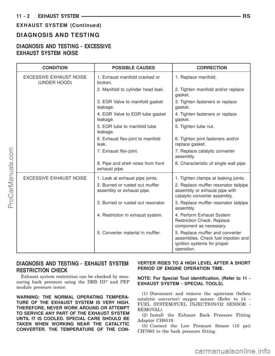 CHRYSLER CARAVAN 2003  Service Manual DIAGNOSIS AND TESTING
DIAGNOSIS AND TESTING - EXCESSIVE
EXHAUST SYSTEM NOISE
CONDITION POSSIBLE CAUSES CORRECTION
EXCESSIVE EXHAUST NOISE
(UNDER HOOD)1. Exhaust manifold cracked or
broken.1. Replace m