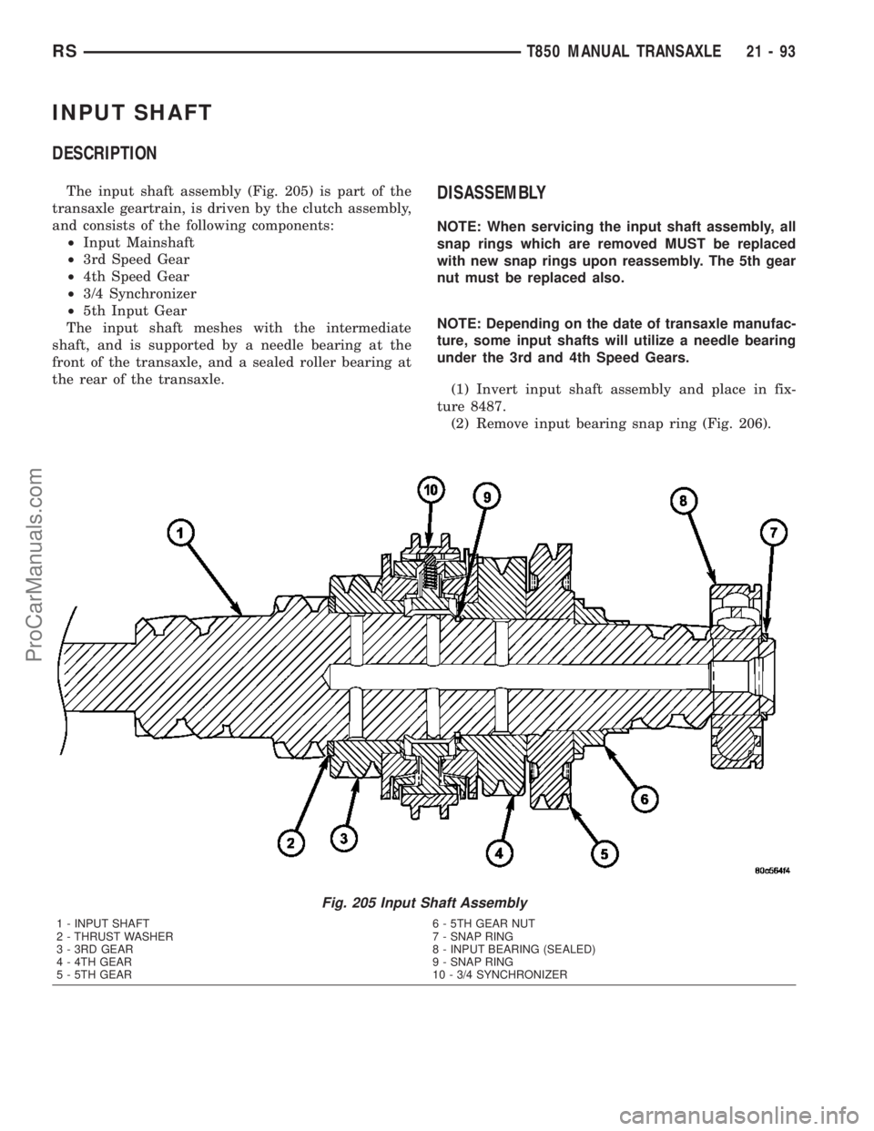CHRYSLER CARAVAN 2003 Service Manual INPUT SHAFT
DESCRIPTION
The input shaft assembly (Fig. 205) is part of the
transaxle geartrain, is driven by the clutch assembly,
and consists of the following components:
²Input Mainshaft
²3rd Spee CHRYSLER CARAVAN 2003 Service Manual INPUT SHAFT
DESCRIPTION
The input shaft assembly (Fig. 205) is part of the
transaxle geartrain, is driven by the clutch assembly,
and consists of the following components:
²Input Mainshaft
²3rd Spee