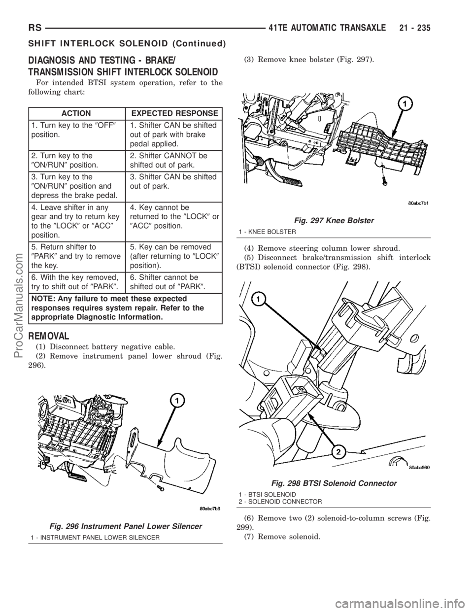 CHRYSLER CARAVAN 2003  Service Manual DIAGNOSIS AND TESTING - BRAKE/
TRANSMISSION SHIFT INTERLOCK SOLENOID
For intended BTSI system operation, refer to the
following chart:
ACTION EXPECTED RESPONSE
1. Turn key to the9OFF9
position.1. Shif