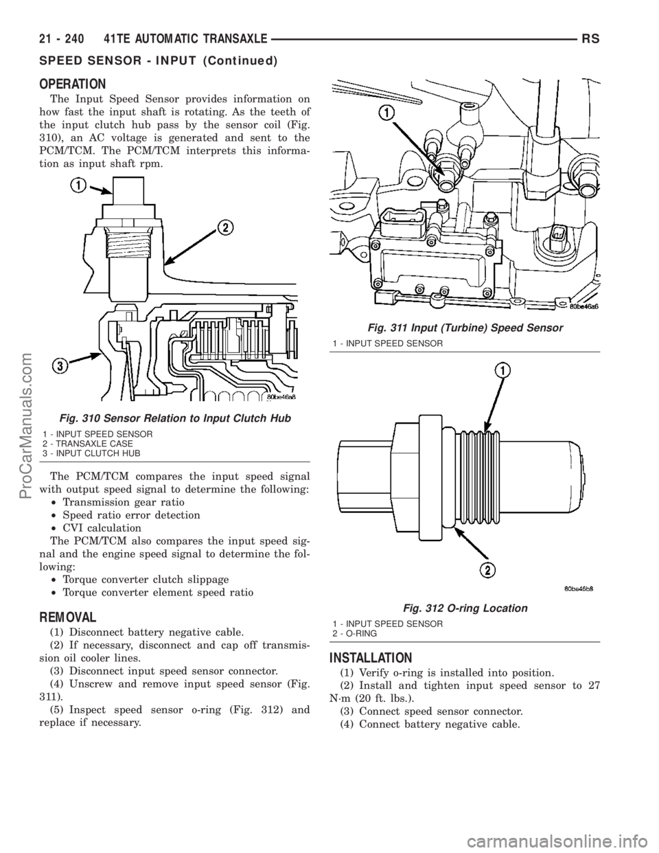 CHRYSLER CARAVAN 2003  Service Manual OPERATION
The Input Speed Sensor provides information on
how fast the input shaft is rotating. As the teeth of
the input clutch hub pass by the sensor coil (Fig.
310), an AC voltage is generated and s