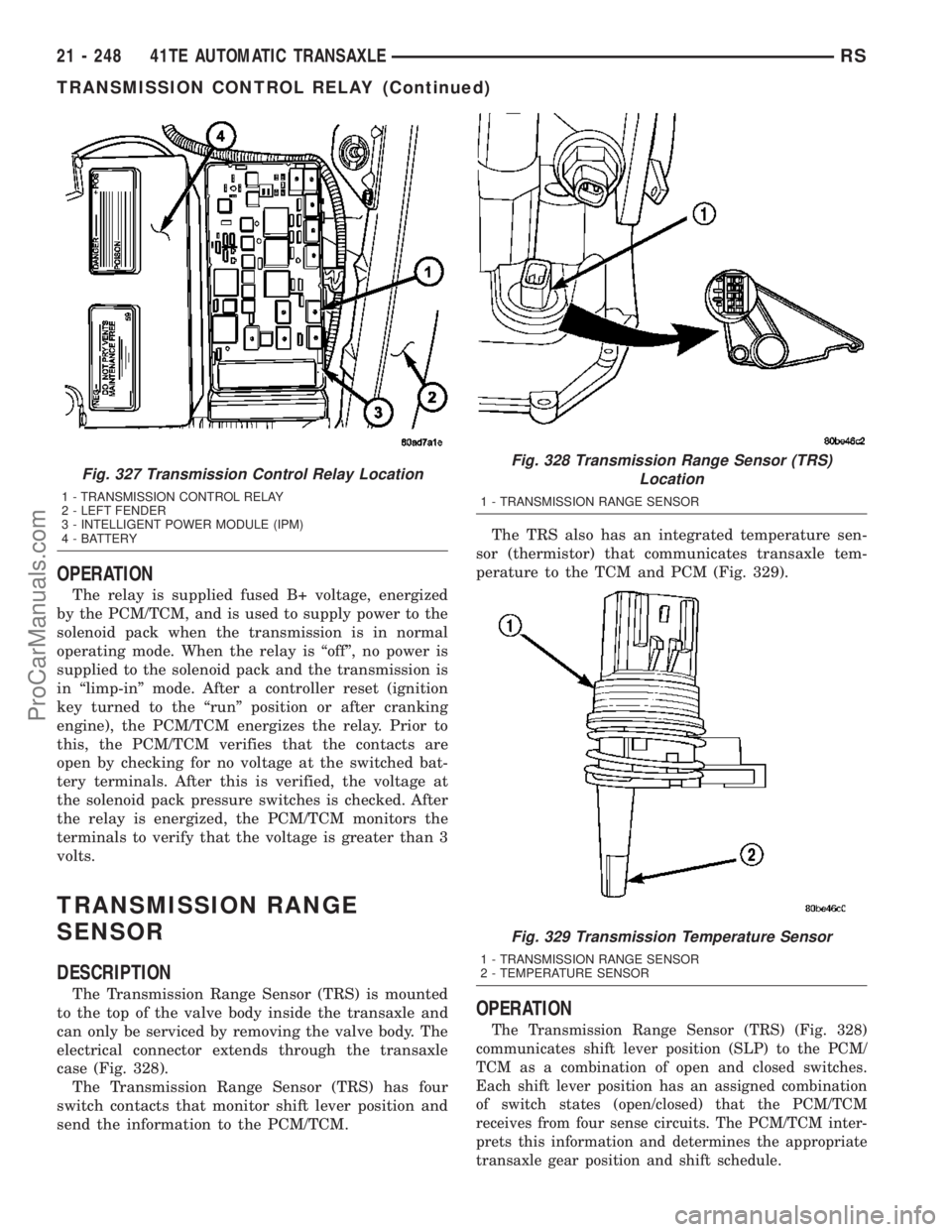 CHRYSLER CARAVAN 2003  Service Manual OPERATION
The relay is supplied fused B+ voltage, energized
by the PCM/TCM, and is used to supply power to the
solenoid pack when the transmission is in normal
operating mode. When the relay is ªoff