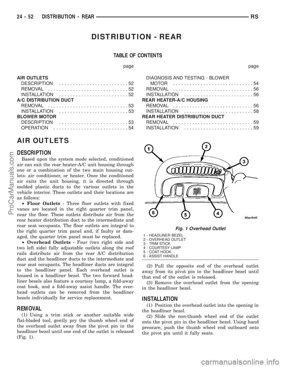 CHRYSLER CARAVAN 2003 Service Manual DISTRIBUTION - REAR
TABLE OF CONTENTS
page page
AIR OUTLETS
DESCRIPTION.........................52
REMOVAL.............................52
INSTALLATION.........................52
A/C DISTRIBUTION DUCT
CHRYSLER CARAVAN 2003 Service Manual DISTRIBUTION - REAR
TABLE OF CONTENTS
page page
AIR OUTLETS
DESCRIPTION.........................52
REMOVAL.............................52
INSTALLATION.........................52
A/C DISTRIBUTION DUCT