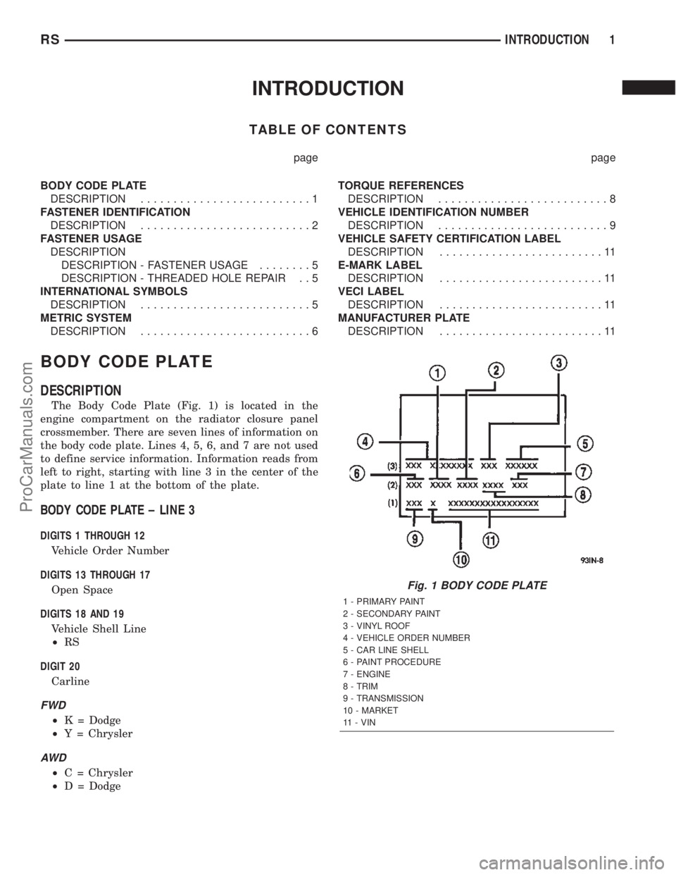 CHRYSLER CARAVAN 2002  Service Manual INTRODUCTION
TABLE OF CONTENTS
page page
BODY CODE PLATE
DESCRIPTION..........................1
FASTENER IDENTIFICATION
DESCRIPTION..........................2
FASTENER USAGE
DESCRIPTION
DESCRIPTION - 