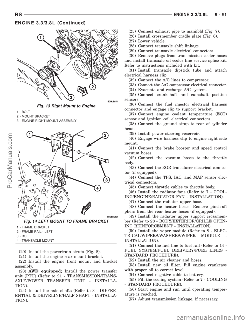 CHRYSLER CARAVAN 2002  Service Manual (20) Install the powertrain struts (Fig. 8).
(21) Install the engine rear mount bracket.
(22) Install the engine front mount and bracket
assembly.
(23)AWD equipped;Install the power transfer
unit (PTU