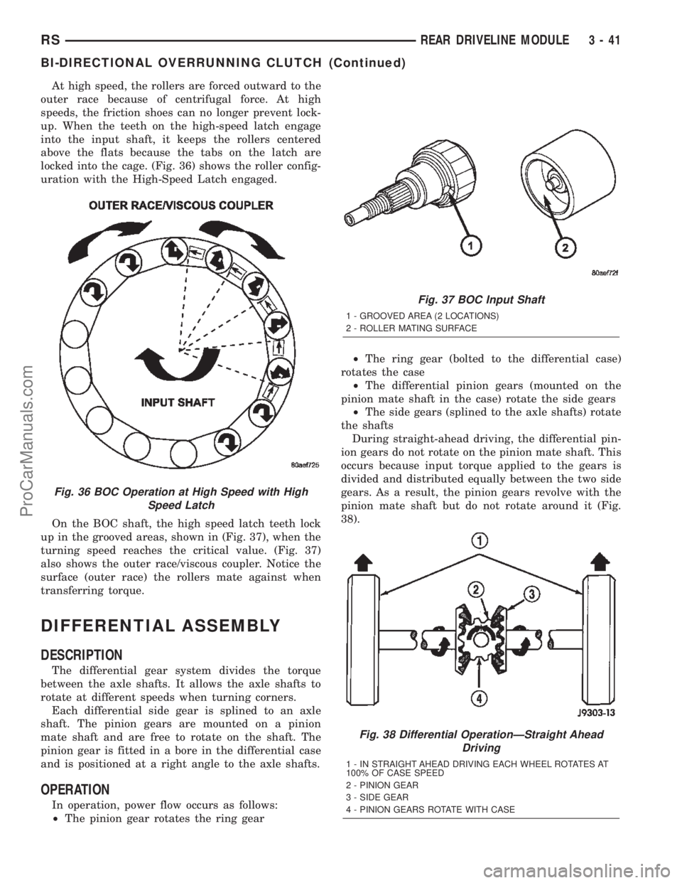 CHRYSLER TOWN AND COUNTRY 2002  Service Manual At high speed, the rollers are forced outward to the
outer race because of centrifugal force. At high
speeds, the friction shoes can no longer prevent lock-
up. When the teeth on the high-speed latch 