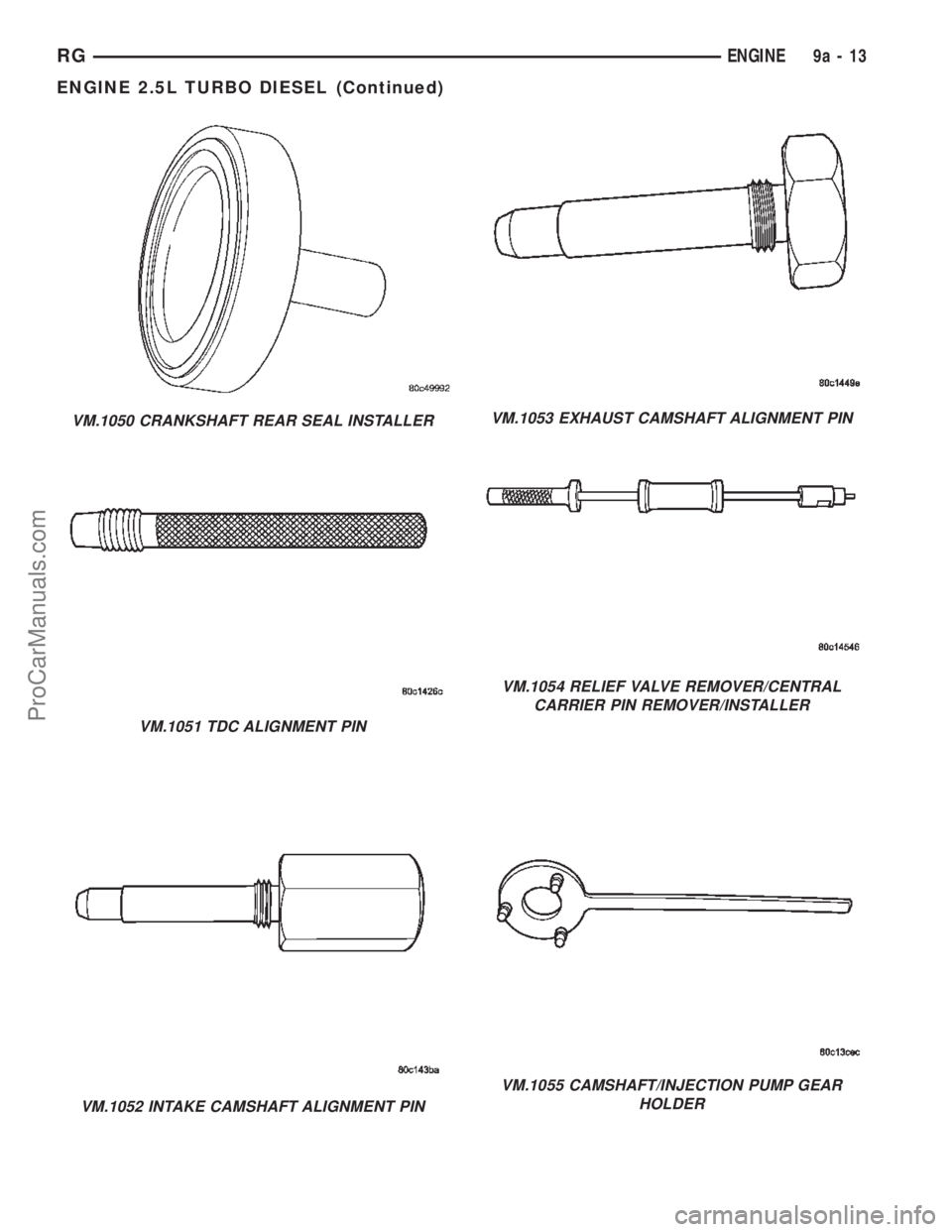 CHRYSLER TOWN AND COUNTRY 2002  Service Manual VM.1050 CRANKSHAFT REAR SEAL INSTALLER
VM.1051 TDC ALIGNMENT PIN
VM.1052 INTAKE CAMSHAFT ALIGNMENT PIN
VM.1053 EXHAUST CAMSHAFT ALIGNMENT PIN
VM.1054 RELIEF VALVE REMOVER/CENTRAL
CARRIER PIN REMOVER/I
