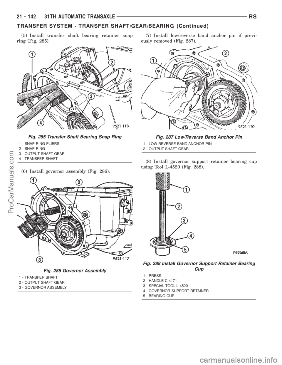 CHRYSLER TOWN AND COUNTRY 2002  Service Manual (5) Install transfer shaft bearing retainer snap
ring (Fig. 285).
(6) Install governor assembly (Fig. 286).(7) Install low/reverse band anchor pin if previ-
ously removed (Fig. 287).
(8) Install gover