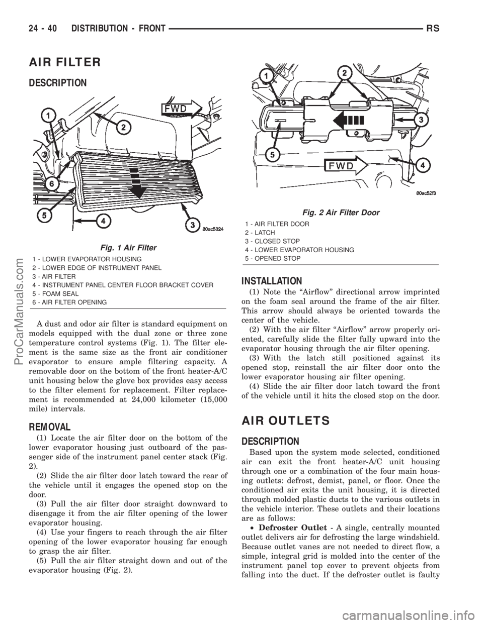 CHRYSLER TOWN AND COUNTRY 2002  Service Manual AIR FILTER
DESCRIPTION
A dust and odor air filter is standard equipment on
models equipped with the dual zone or three zone
temperature control systems (Fig. 1). The filter ele-
ment is the same size 