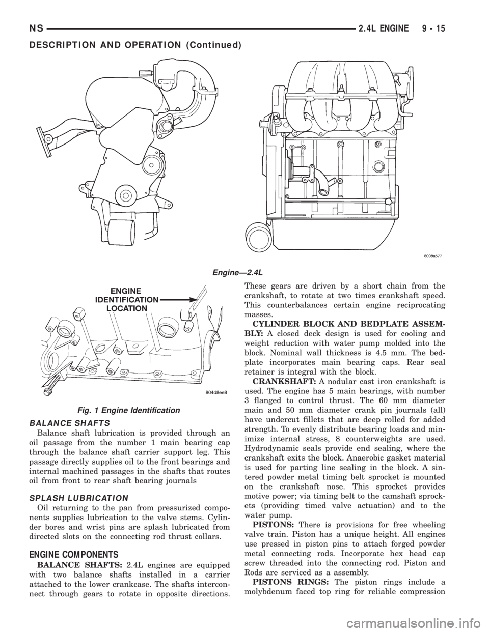 CHRYSLER VOYAGER 1996  Service Manual BALANCE SHAFTS
Balance shaft lubrication is provided through an
oil passage from the number 1 main bearing cap
through the balance shaft carrier support leg. This
passage directly supplies oil to the 