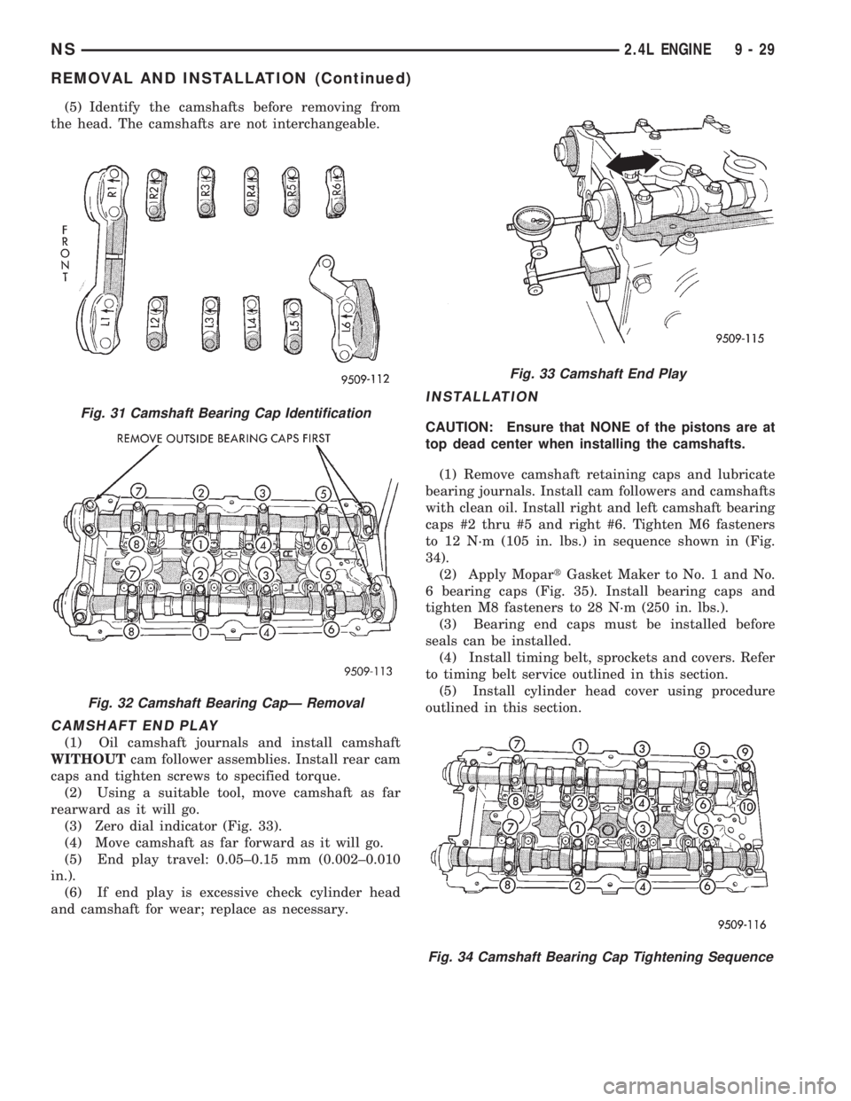 CHRYSLER VOYAGER 1996  Service Manual (5) Identify the camshafts before removing from
the head. The camshafts are not interchangeable.
CAMSHAFT END PLAY
(1) Oil camshaft journals and install camshaft
WITHOUTcam follower assemblies. Instal