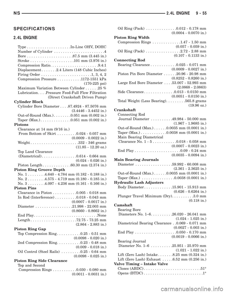 CHRYSLER VOYAGER 1996  Service Manual SPECIFICATIONS
2.4L ENGINE
Type....................In-Line OHV, DOHC
Number of Cylinder.......................4
Bore.....................87.5 mm (3.445 in.)
Stroke....................101 mm (3.976 in.