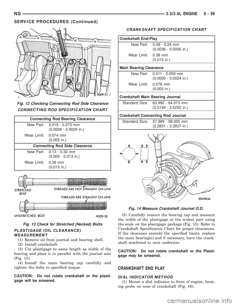 CHRYSLER VOYAGER 1996  Service Manual PLASTIGAGE (OIL CLEARANCE)
MEASUREMENT
(1) Remove oil from journal and bearing shell.
(2) Install crankshaft.
(3) Cut plastigage to same length as width of the
bearing and place it in parallel with th