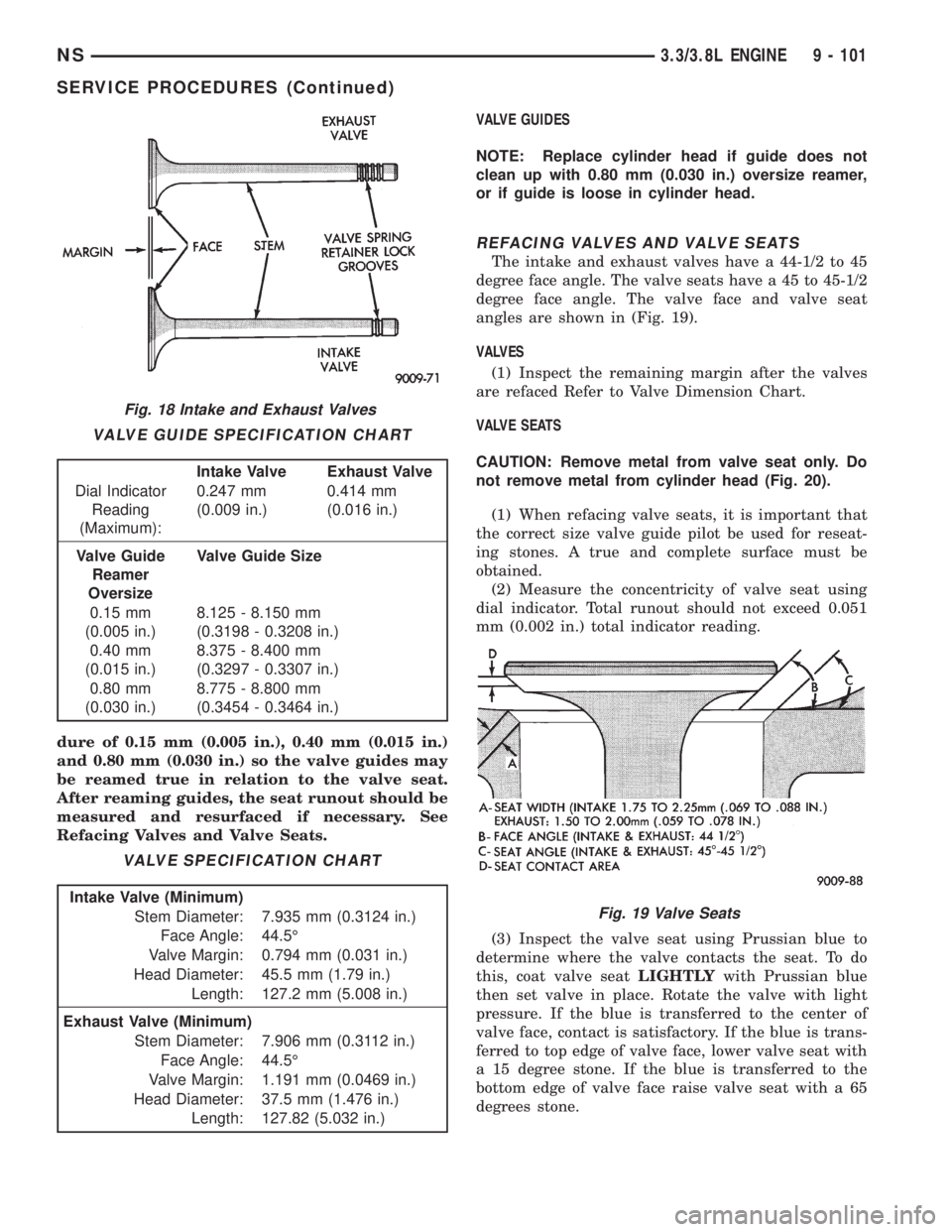 CHRYSLER VOYAGER 1996  Service Manual dure of 0.15 mm (0.005 in.), 0.40 mm (0.015 in.)
and 0.80 mm (0.030 in.) so the valve guides may
be reamed true in relation to the valve seat.
After reaming guides, the seat runout should be
measured 