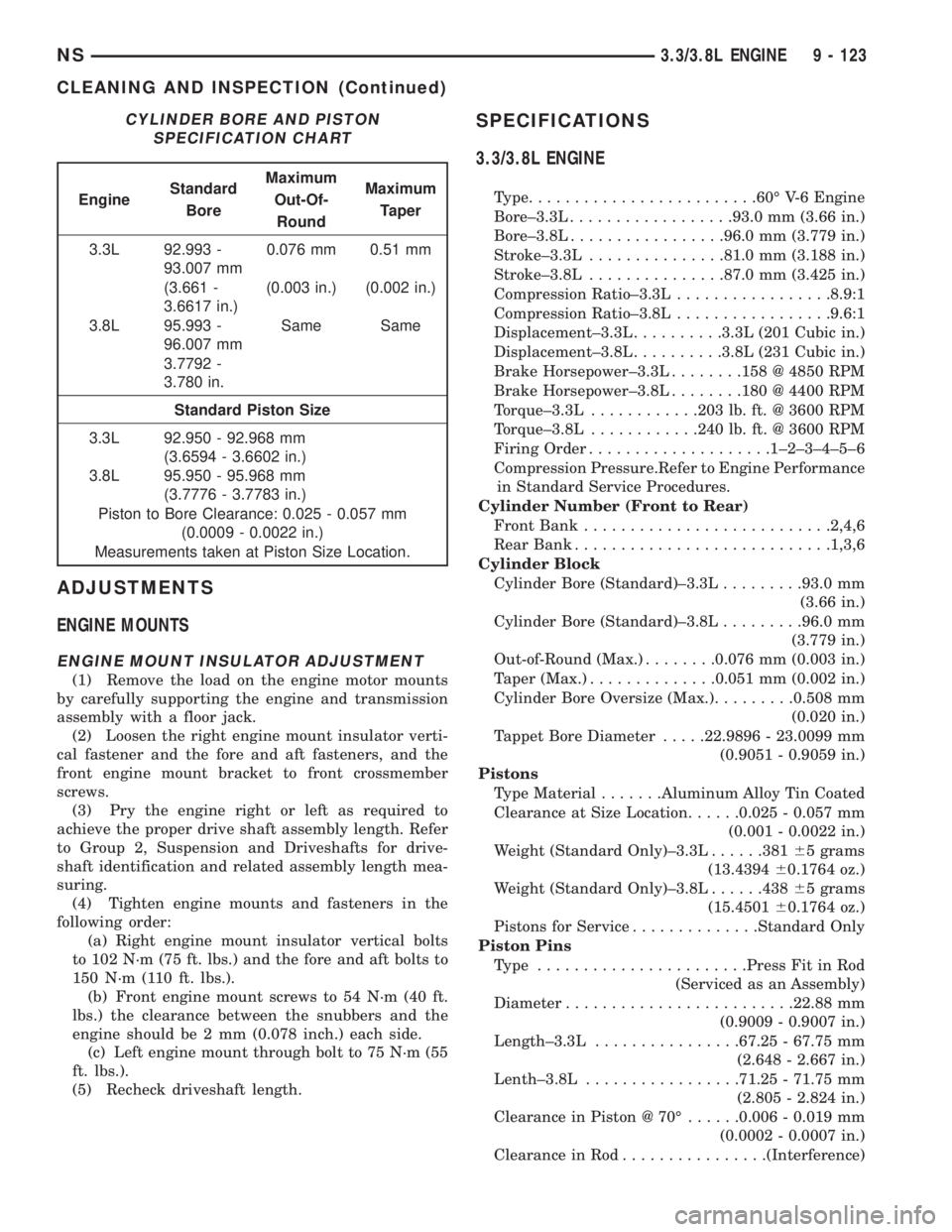 CHRYSLER VOYAGER 1996  Service Manual ADJUSTMENTS
ENGINE MOUNTS
ENGINE MOUNT INSULATOR ADJUSTMENT
(1) Remove the load on the engine motor mounts
by carefully supporting the engine and transmission
assembly with a floor jack.
(2) Loosen th