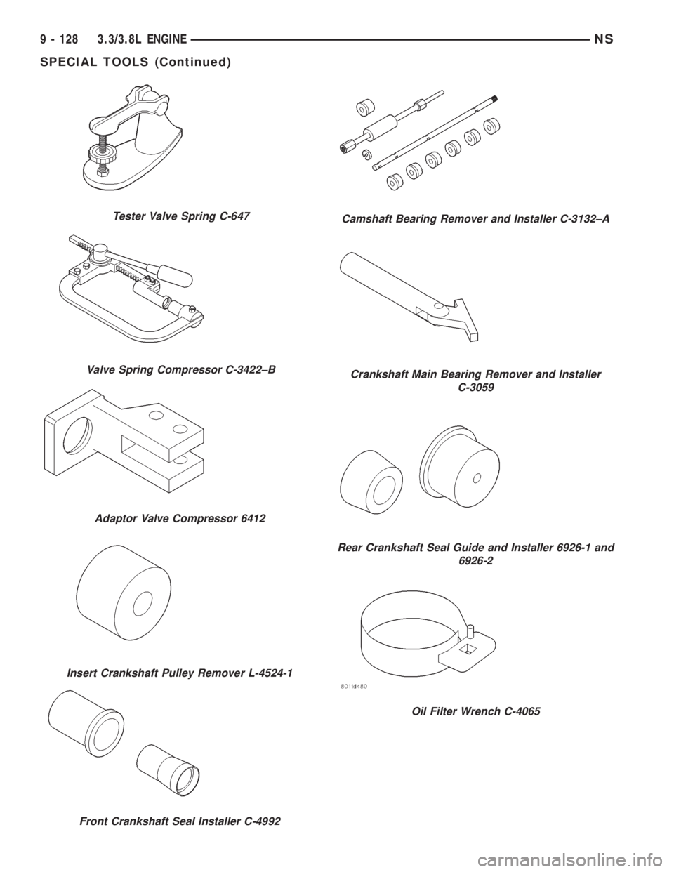 CHRYSLER VOYAGER 1996  Service Manual Tester Valve Spring C-647
Valve Spring Compressor C-3422±B
Adaptor Valve Compressor 6412
Insert Crankshaft Pulley Remover L-4524-1
Front Crankshaft Seal Installer C-4992
Camshaft Bearing Remover and 