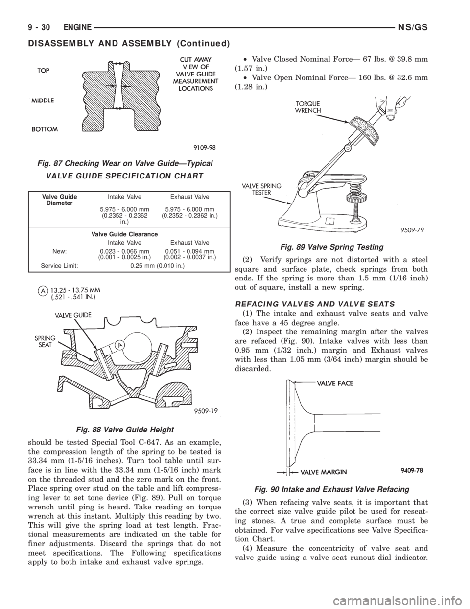 CHRYSLER VOYAGER 1996  Service Manual should be tested Special Tool C-647. As an example,
the compression length of the spring to be tested is
33.34 mm (1-5/16 inches). Turn tool table until sur-
face is in line with the 33.34 mm (1-5/16 