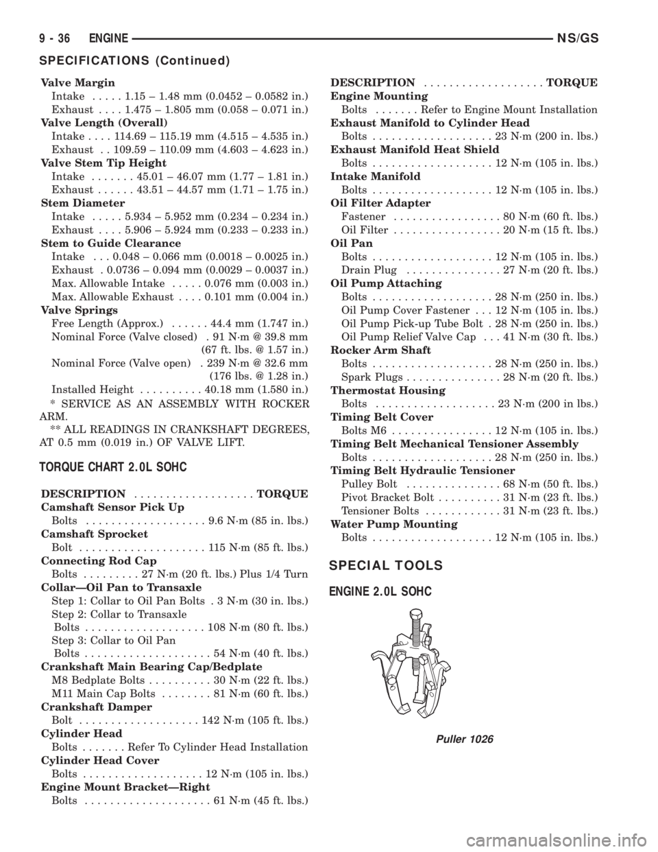 CHRYSLER VOYAGER 1996  Service Manual Valve Margin
Intake.....1.15 ± 1.48 mm (0.0452 ± 0.0582 in.)
Exhaust....1.475 ± 1.805 mm (0.058 ± 0.071 in.)
Valve Length (Overall)
Intake....114.69 ± 115.19 mm (4.515 ± 4.535 in.)
Exhaust . . 1