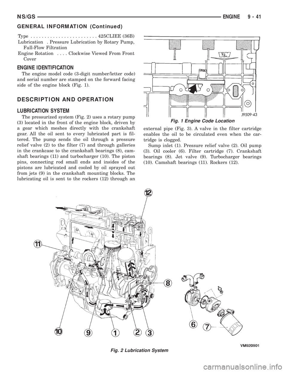 CHRYSLER VOYAGER 1996  Service Manual Type ........................425CLIEE (36B)
Lubrication . Pressure Lubrication by Rotary Pump,
Full-Flow Filtration
Engine Rotation....Clockwise Viewed From Front
Cover
ENGINE IDENTIFICATION
The engin
