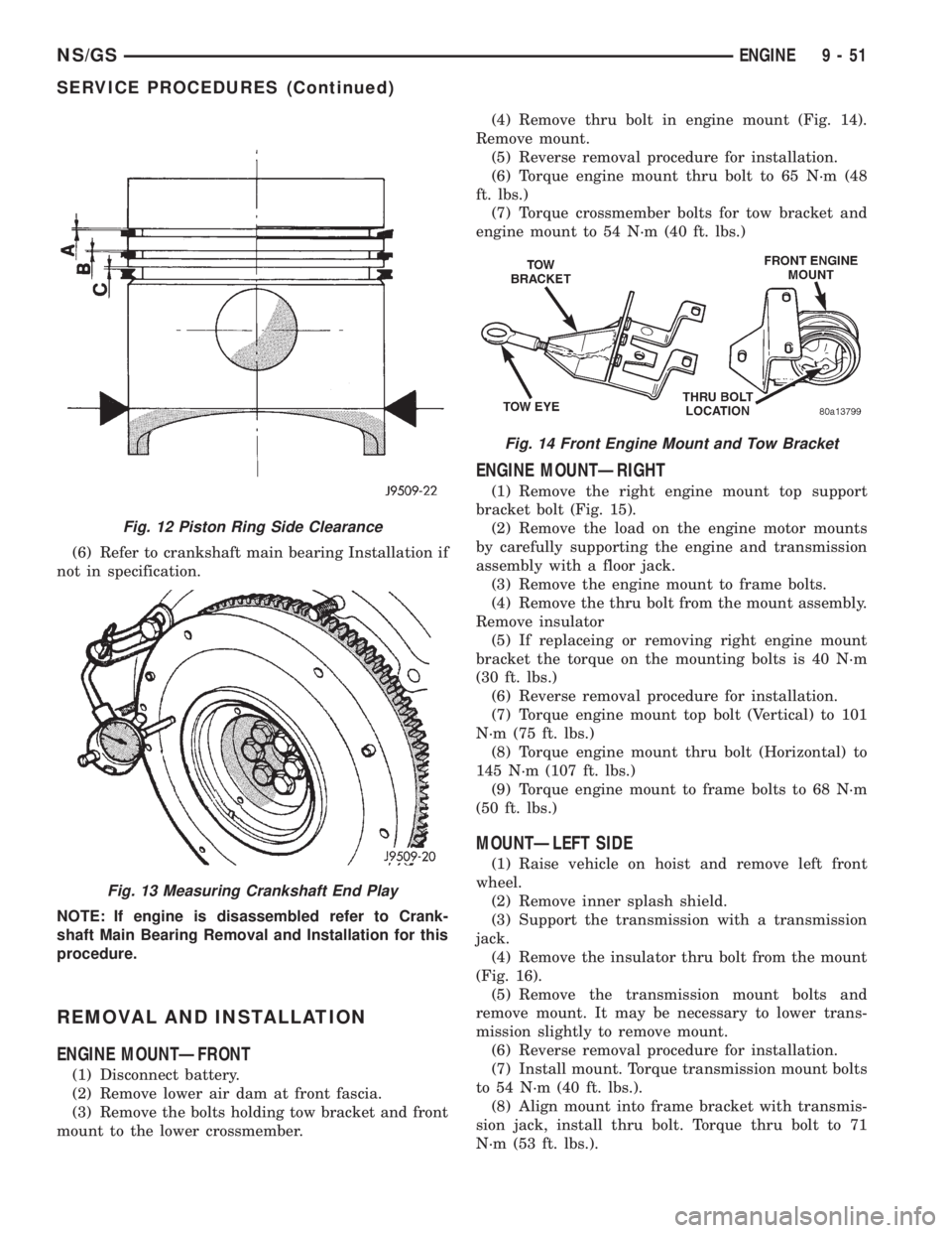 CHRYSLER VOYAGER 1996  Service Manual (6) Refer to crankshaft main bearing Installation if
not in specification.
NOTE: If engine is disassembled refer to Crank-
shaft Main Bearing Removal and Installation for this
procedure.
REMOVAL AND I