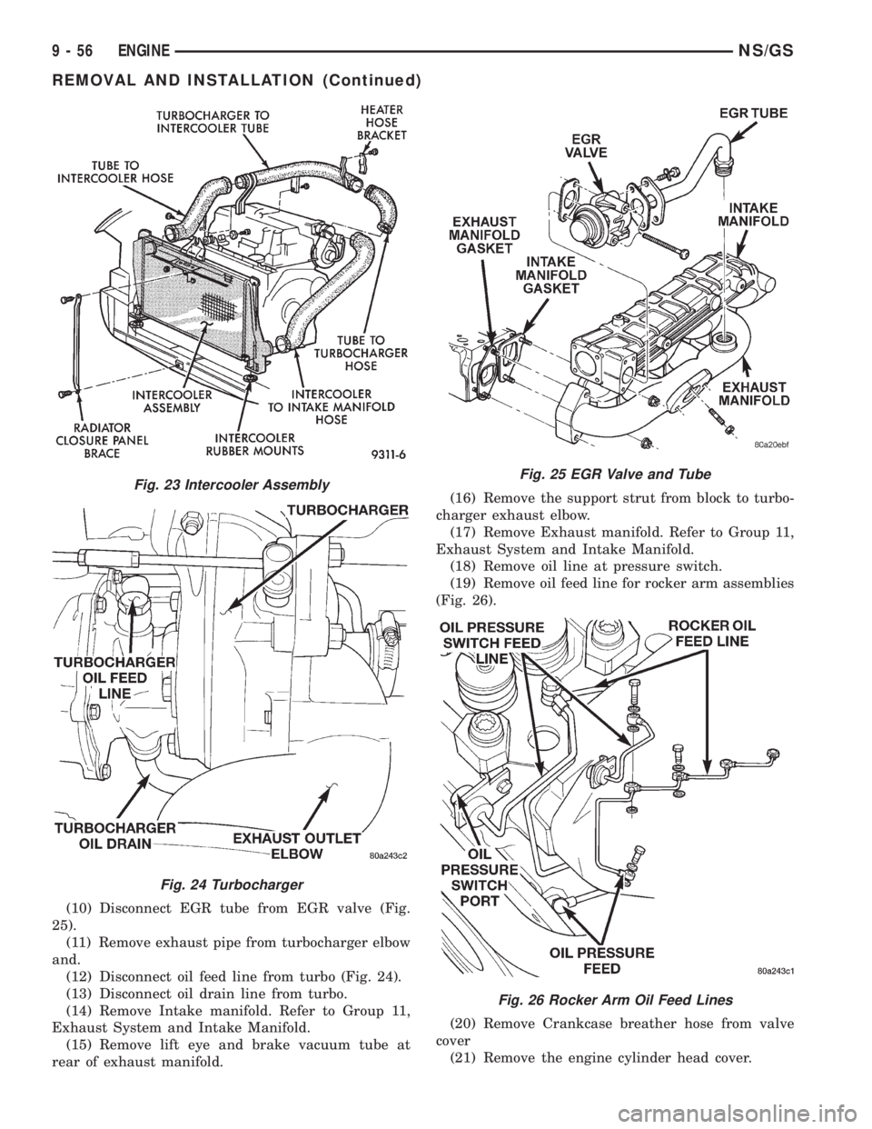 CHRYSLER VOYAGER 1996  Service Manual (10) Disconnect EGR tube from EGR valve (Fig.
25).
(11) Remove exhaust pipe from turbocharger elbow
and.
(12) Disconnect oil feed line from turbo (Fig. 24).
(13) Disconnect oil drain line from turbo.
