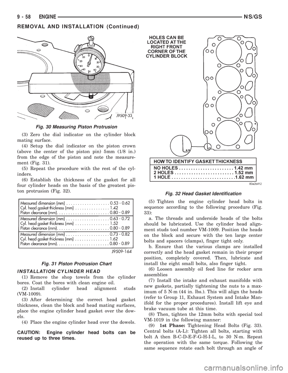 CHRYSLER VOYAGER 1996  Service Manual (3) Zero the dial indicator on the cylinder block
mating surface.
(4) Setup the dial indicator on the piston crown
(above the center of the piston pin) 5mm (1/8 in.)
from the edge of the piston and no