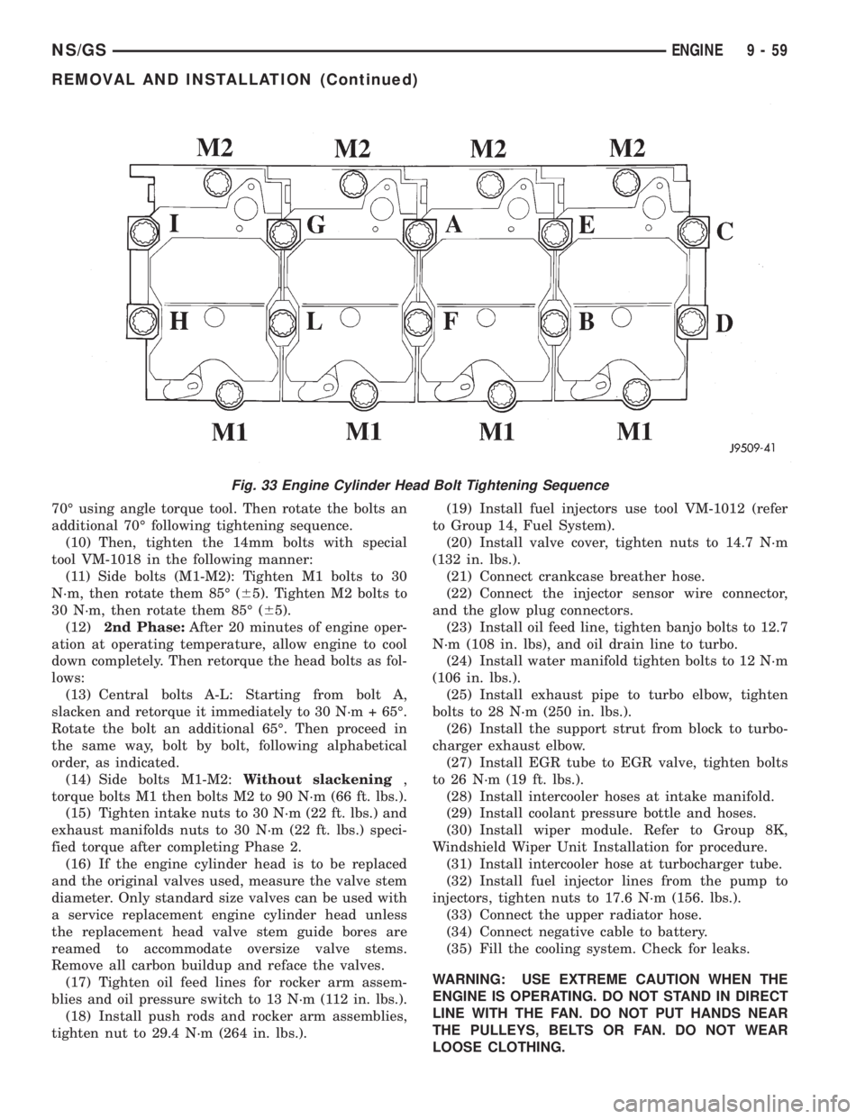 CHRYSLER VOYAGER 1996  Service Manual 70É using angle torque tool. Then rotate the bolts an
additional 70É following tightening sequence.
(10) Then, tighten the 14mm bolts with special
tool VM-1018 in the following manner:
(11) Side bol