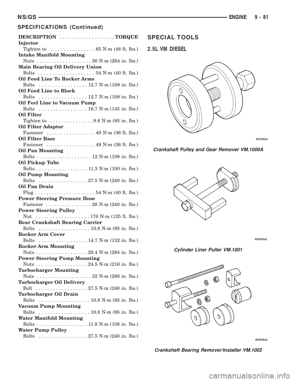 CHRYSLER VOYAGER 1996  Service Manual DESCRIPTION...................TORQUE
Injector
Tighten to................65N´m(48ft.lbs.)
Intake Manifold Mounting
Nuts...................30N´m(264 in. lbs.)
Main Bearing Oil Delivery Union
Bolts....