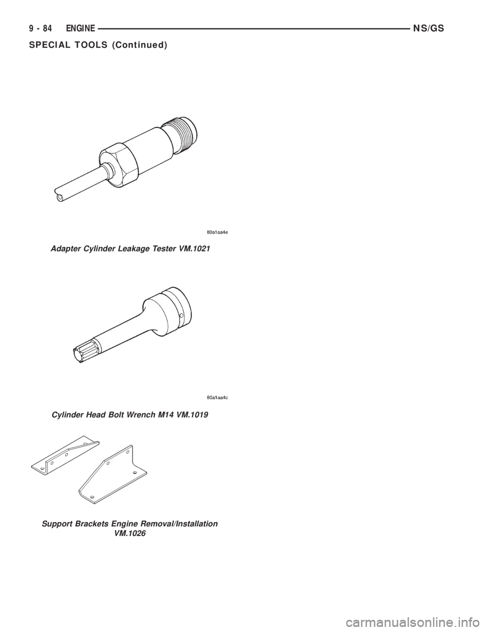 CHRYSLER VOYAGER 1996  Service Manual Adapter Cylinder Leakage Tester VM.1021
Cylinder Head Bolt Wrench M14 VM.1019
Support Brackets Engine Removal/Installation
VM.1026
9 - 84 ENGINENS/GS
SPECIAL TOOLS (Continued) 