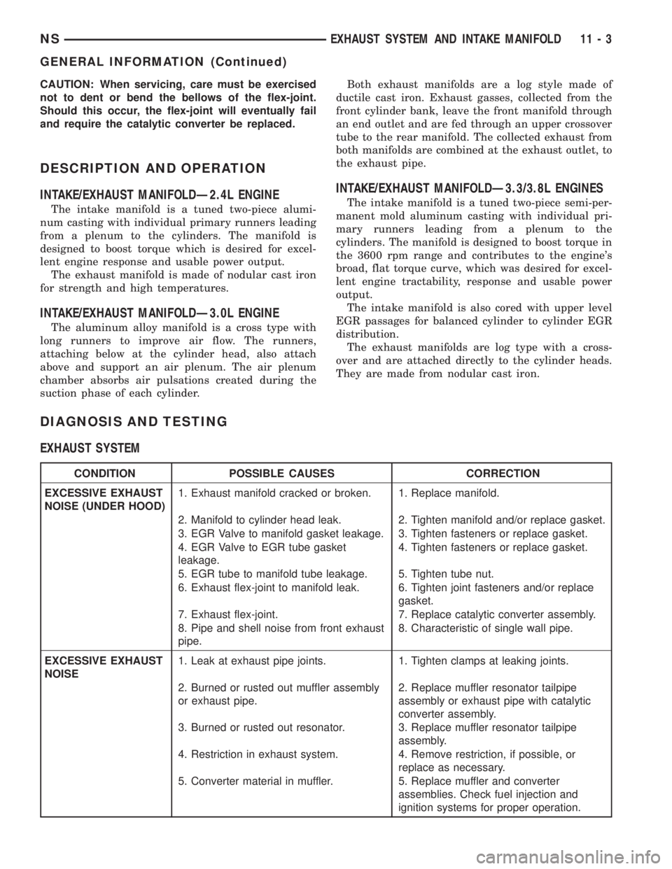 CHRYSLER VOYAGER 1996  Service Manual CAUTION: When servicing, care must be exercised
not to dent or bend the bellows of the flex-joint.
Should this occur, the flex-joint will eventually fail
and require the catalytic converter be replace