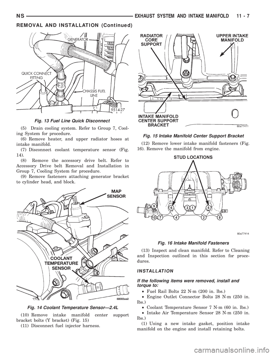 CHRYSLER VOYAGER 1996  Service Manual (5) Drain cooling system. Refer to Group 7, Cool-
ing System for procedure.
(6) Remove heater, and upper radiator hoses at
intake manifold.
(7) Disconnect coolant temperature sensor (Fig.
14).
(8) Rem
