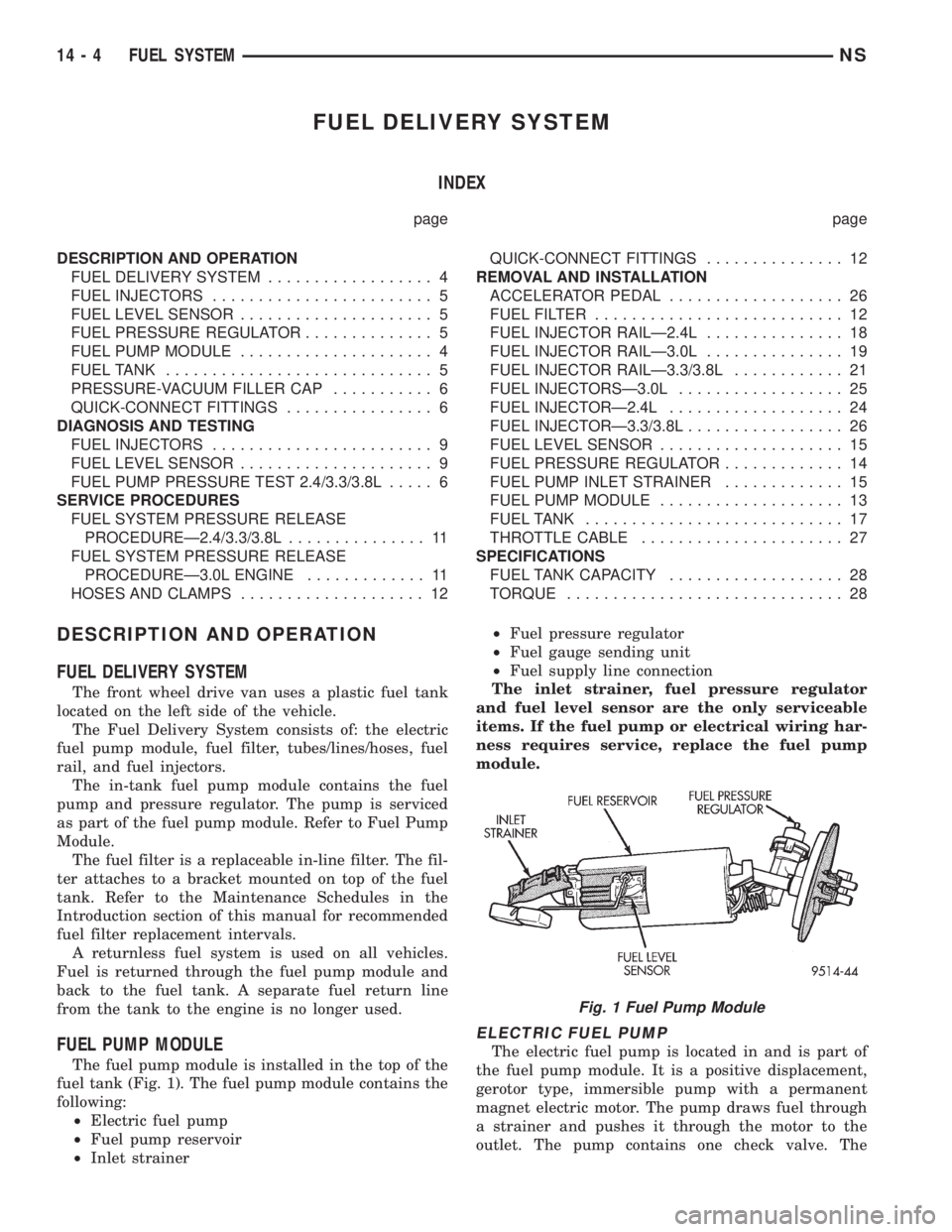 CHRYSLER VOYAGER 1996  Service Manual FUEL DELIVERY SYSTEM
INDEX
page page
DESCRIPTION AND OPERATION
FUEL DELIVERY SYSTEM.................. 4
FUEL INJECTORS........................ 5
FUEL LEVEL SENSOR..................... 5
FUEL PRESSURE 