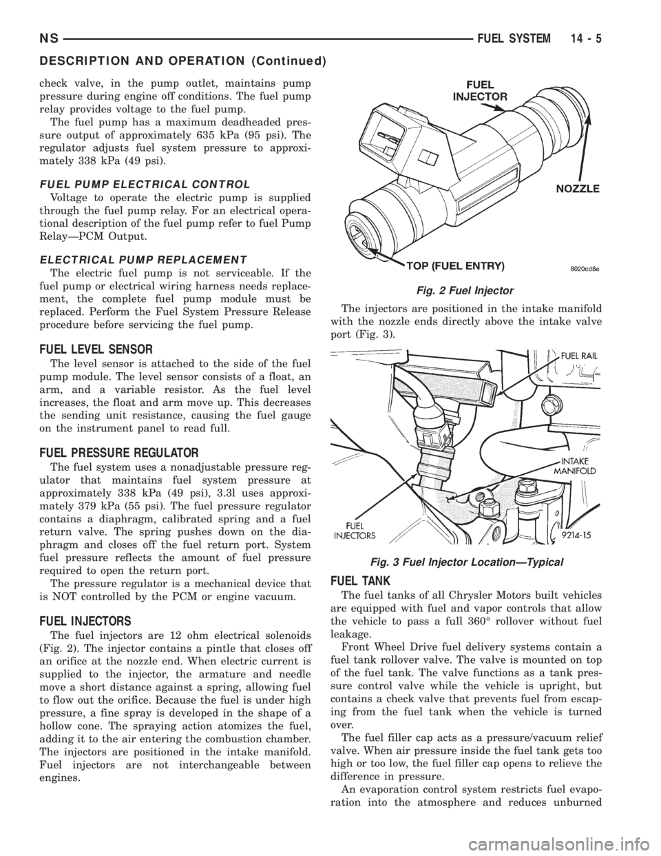 CHRYSLER VOYAGER 1996  Service Manual check valve, in the pump outlet, maintains pump
pressure during engine off conditions. The fuel pump
relay provides voltage to the fuel pump.
The fuel pump has a maximum deadheaded pres-
sure output o