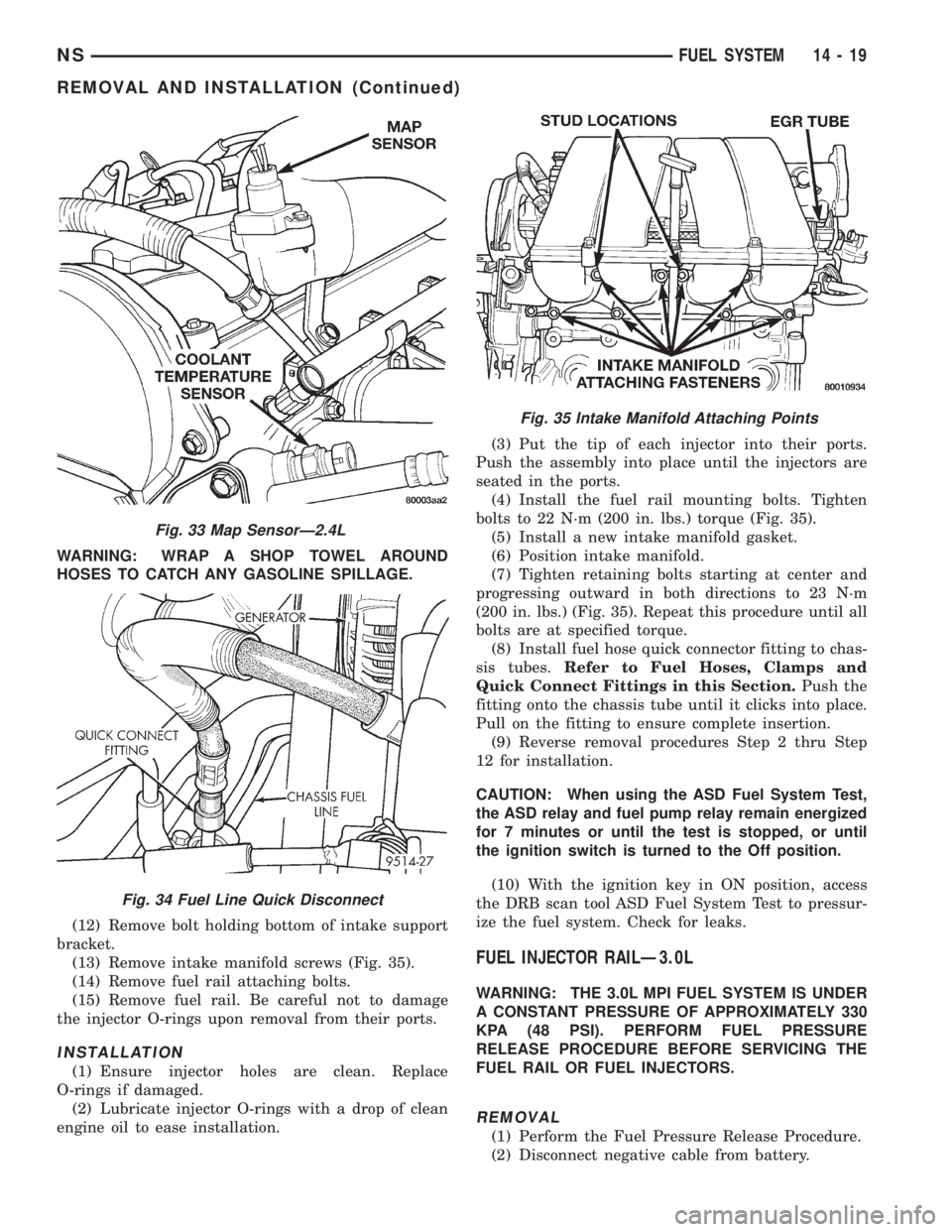 CHRYSLER VOYAGER 1996  Service Manual WARNING: WRAP A SHOP TOWEL AROUND
HOSES TO CATCH ANY GASOLINE SPILLAGE.
(12) Remove bolt holding bottom of intake support
bracket.
(13) Remove intake manifold screws (Fig. 35).
(14) Remove fuel rail a