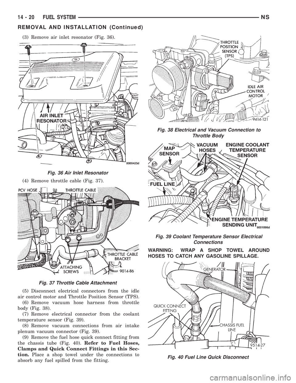 CHRYSLER VOYAGER 1996  Service Manual (3) Remove air inlet resonator (Fig. 36).
(4) Remove throttle cable (Fig. 37).
(5) Disconnect electrical connectors from the idle
air control motor and Throttle Position Sensor (TPS).
(6) Remove vacuu