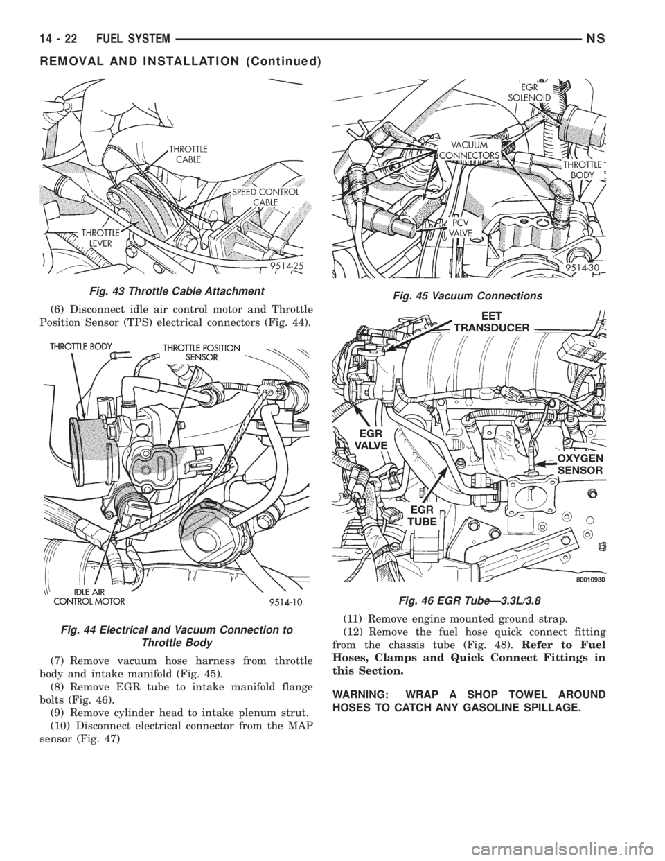 CHRYSLER VOYAGER 1996  Service Manual (6) Disconnect idle air control motor and Throttle
Position Sensor (TPS) electrical connectors (Fig. 44).
(7) Remove vacuum hose harness from throttle
body and intake manifold (Fig. 45).
(8) Remove EG