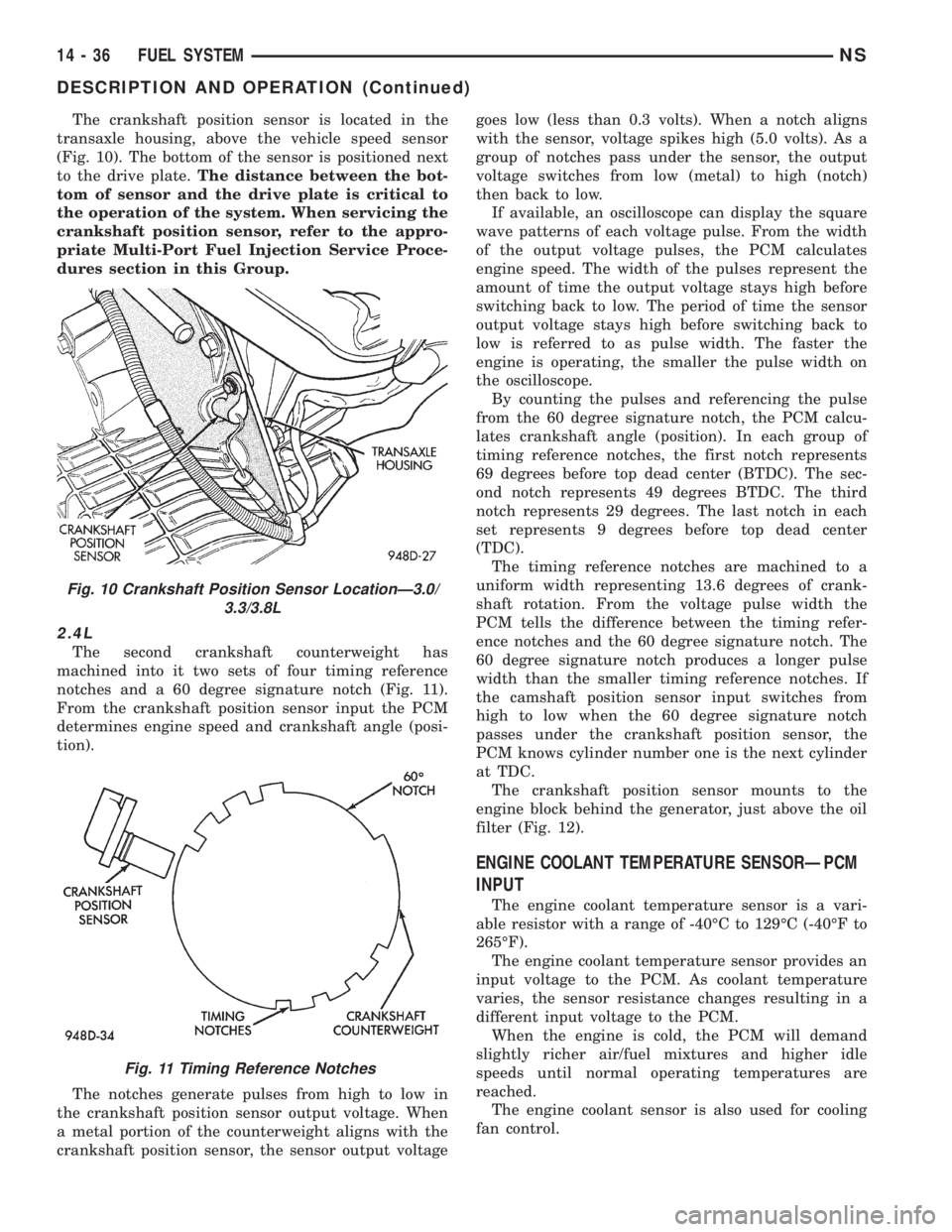 CHRYSLER VOYAGER 1996  Service Manual The crankshaft position sensor is located in the
transaxle housing, above the vehicle speed sensor
(Fig. 10). The bottom of the sensor is positioned next
to the drive plate.The distance between the bo