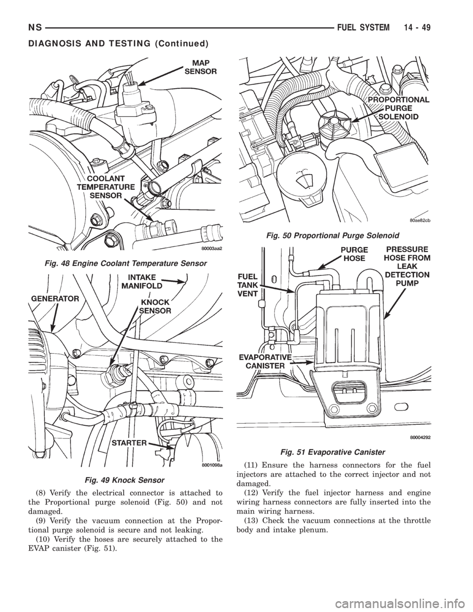 CHRYSLER VOYAGER 1996  Service Manual (8) Verify the electrical connector is attached to
the Proportional purge solenoid (Fig. 50) and not
damaged.
(9) Verify the vacuum connection at the Propor-
tional purge solenoid is secure and not le