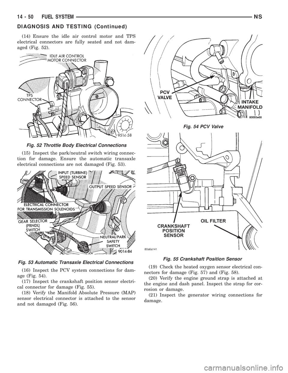CHRYSLER VOYAGER 1996  Service Manual (14) Ensure the idle air control motor and TPS
electrical connectors are fully seated and not dam-
aged (Fig. 52).
(15) Inspect the park/neutral switch wiring connec-
tion for damage. Ensure the autom