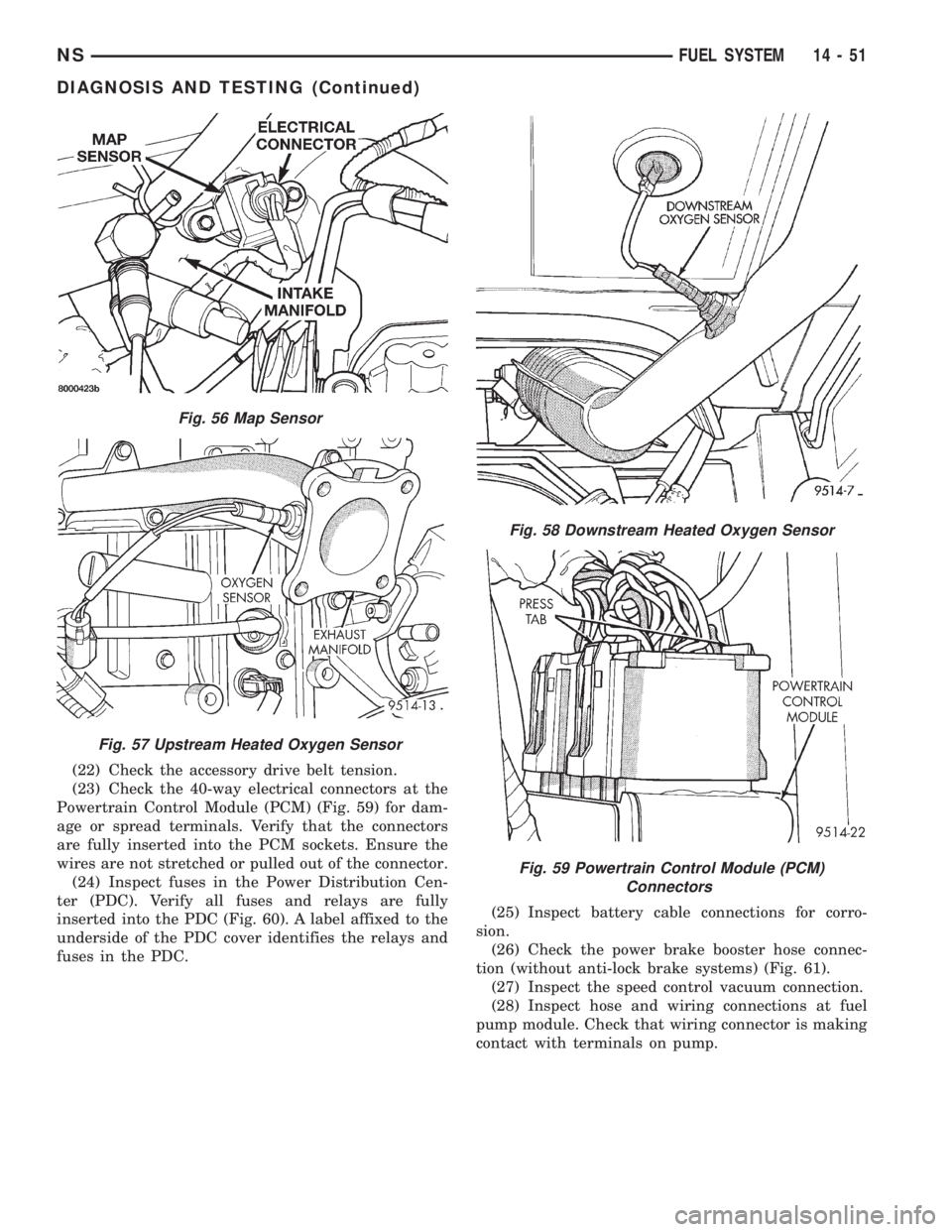 CHRYSLER VOYAGER 1996  Service Manual (22) Check the accessory drive belt tension.
(23) Check the 40-way electrical connectors at the
Powertrain Control Module (PCM) (Fig. 59) for dam-
age or spread terminals. Verify that the connectors
a