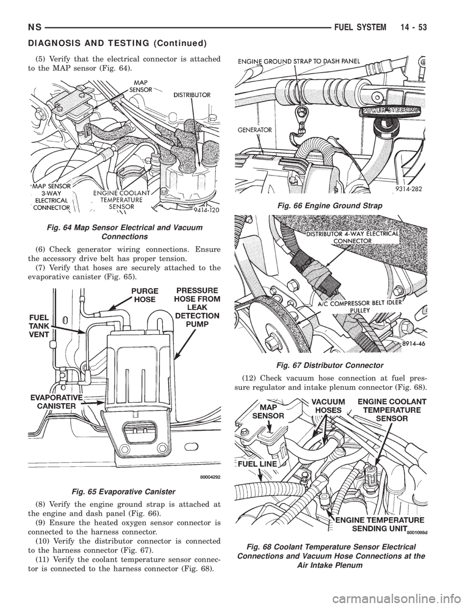 CHRYSLER VOYAGER 1996  Service Manual (5) Verify that the electrical connector is attached
to the MAP sensor (Fig. 64).
(6) Check generator wiring connections. Ensure
the accessory drive belt has proper tension.
(7) Verify that hoses are 