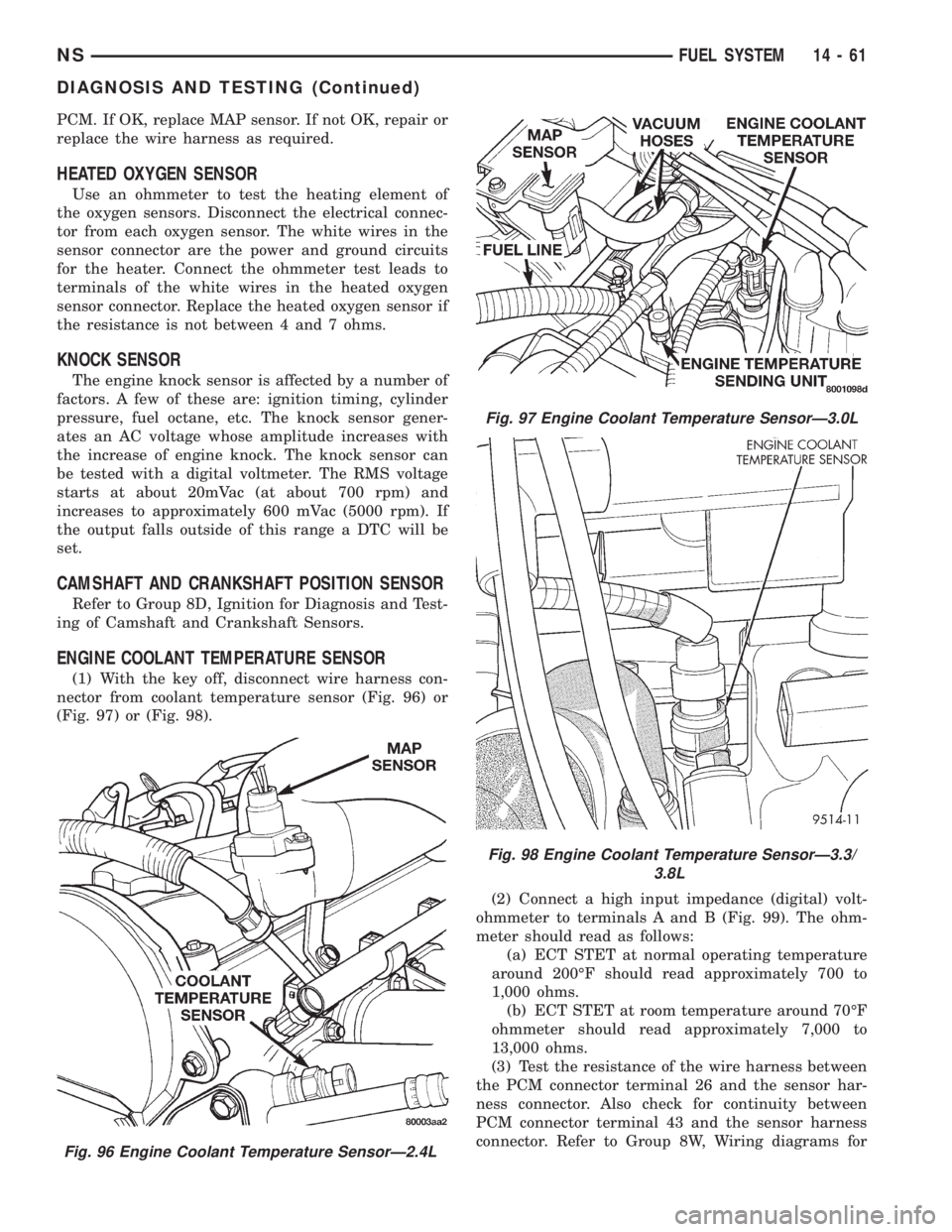 CHRYSLER VOYAGER 1996  Service Manual PCM. If OK, replace MAP sensor. If not OK, repair or
replace the wire harness as required.
HEATED OXYGEN SENSOR
Use an ohmmeter to test the heating element of
the oxygen sensors. Disconnect the electr