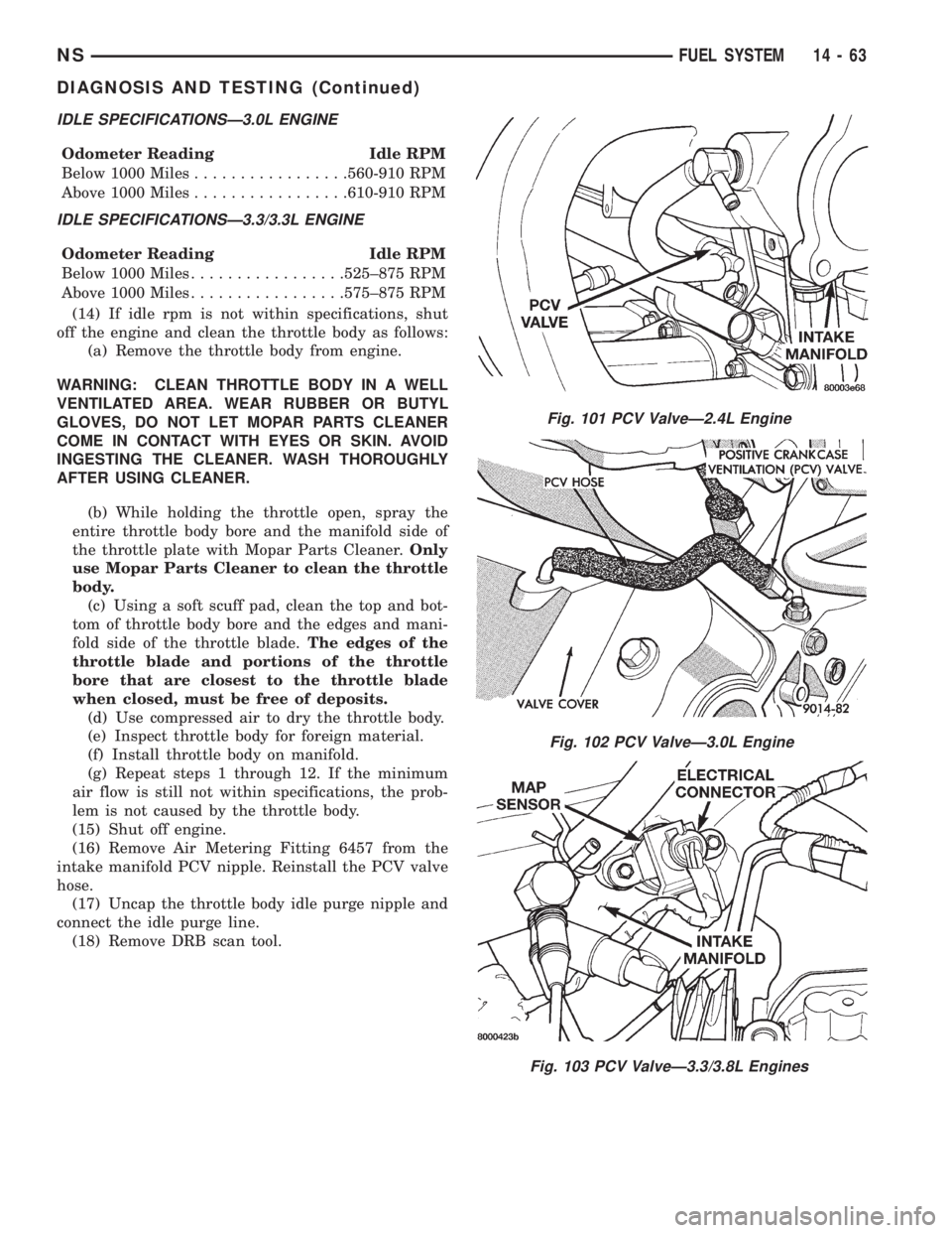 CHRYSLER VOYAGER 1996 Service Manual IDLE SPECIFICATIONSÐ3.0L ENGINE
Odometer Reading Idle RPM
Below 1000 Miles.................560-910 RPM
Above 1000 Miles.................610-910 RPM
IDLE SPECIFICATIONSÐ3.3/3.3L ENGINE
Odometer Readi CHRYSLER VOYAGER 1996 Service Manual IDLE SPECIFICATIONSÐ3.0L ENGINE
Odometer Reading Idle RPM
Below 1000 Miles.................560-910 RPM
Above 1000 Miles.................610-910 RPM
IDLE SPECIFICATIONSÐ3.3/3.3L ENGINE
Odometer Readi