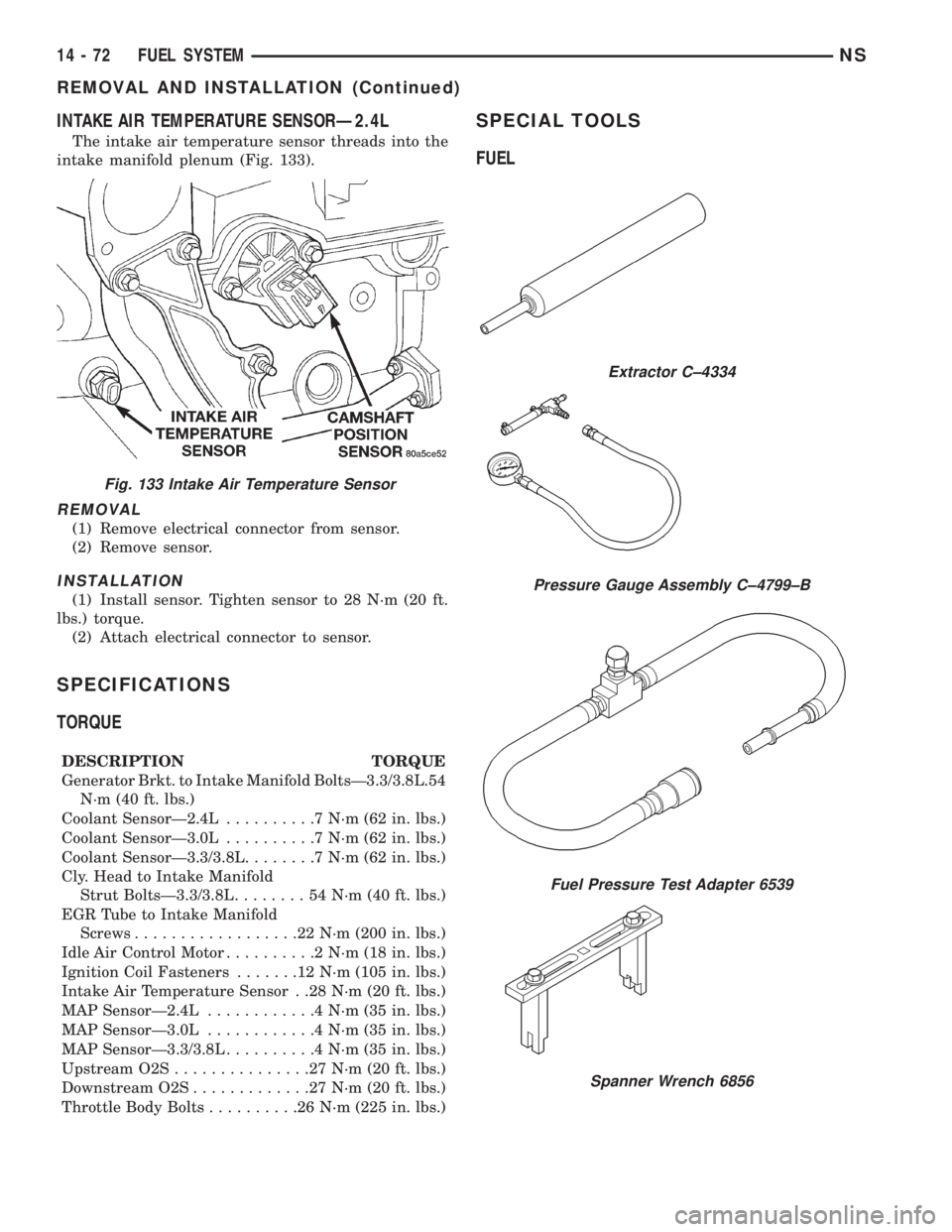 CHRYSLER VOYAGER 1996  Service Manual INTAKE AIR TEMPERATURE SENSORÐ2.4L
The intake air temperature sensor threads into the
intake manifold plenum (Fig. 133).
REMOVAL
(1) Remove electrical connector from sensor.
(2) Remove sensor.
INSTAL