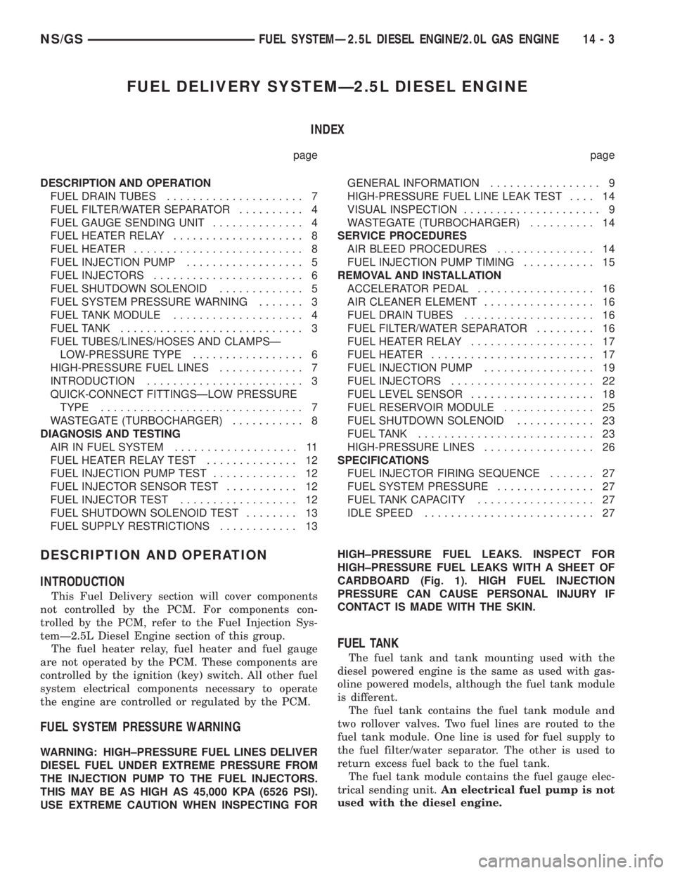CHRYSLER VOYAGER 1996  Service Manual FUEL DELIVERY SYSTEMÐ2.5L DIESEL ENGINE
INDEX
page page
DESCRIPTION AND OPERATION
FUEL DRAIN TUBES..................... 7
FUEL FILTER/WATER SEPARATOR.......... 4
FUEL GAUGE SENDING UNIT..............