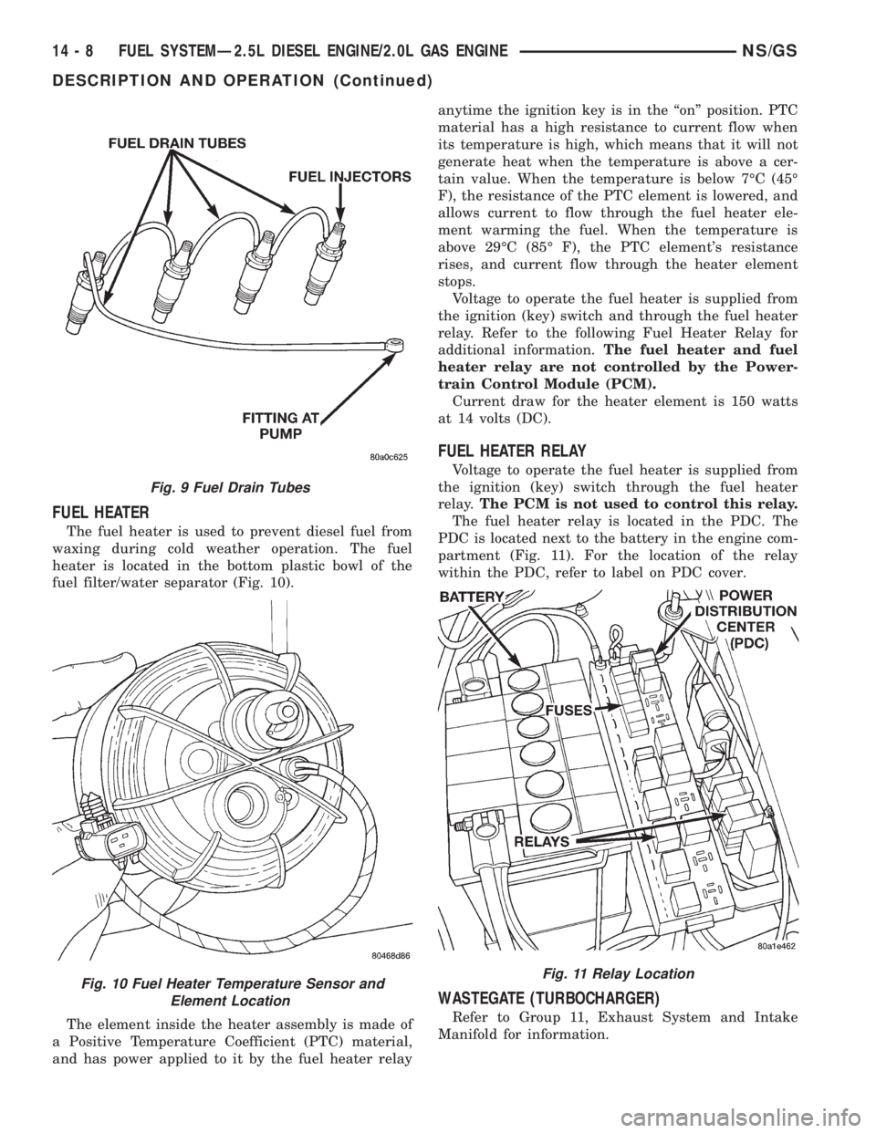 CHRYSLER VOYAGER 1996  Service Manual FUEL HEATER
The fuel heater is used to prevent diesel fuel from
waxing during cold weather operation. The fuel
heater is located in the bottom plastic bowl of the
fuel filter/water separator (Fig. 10)