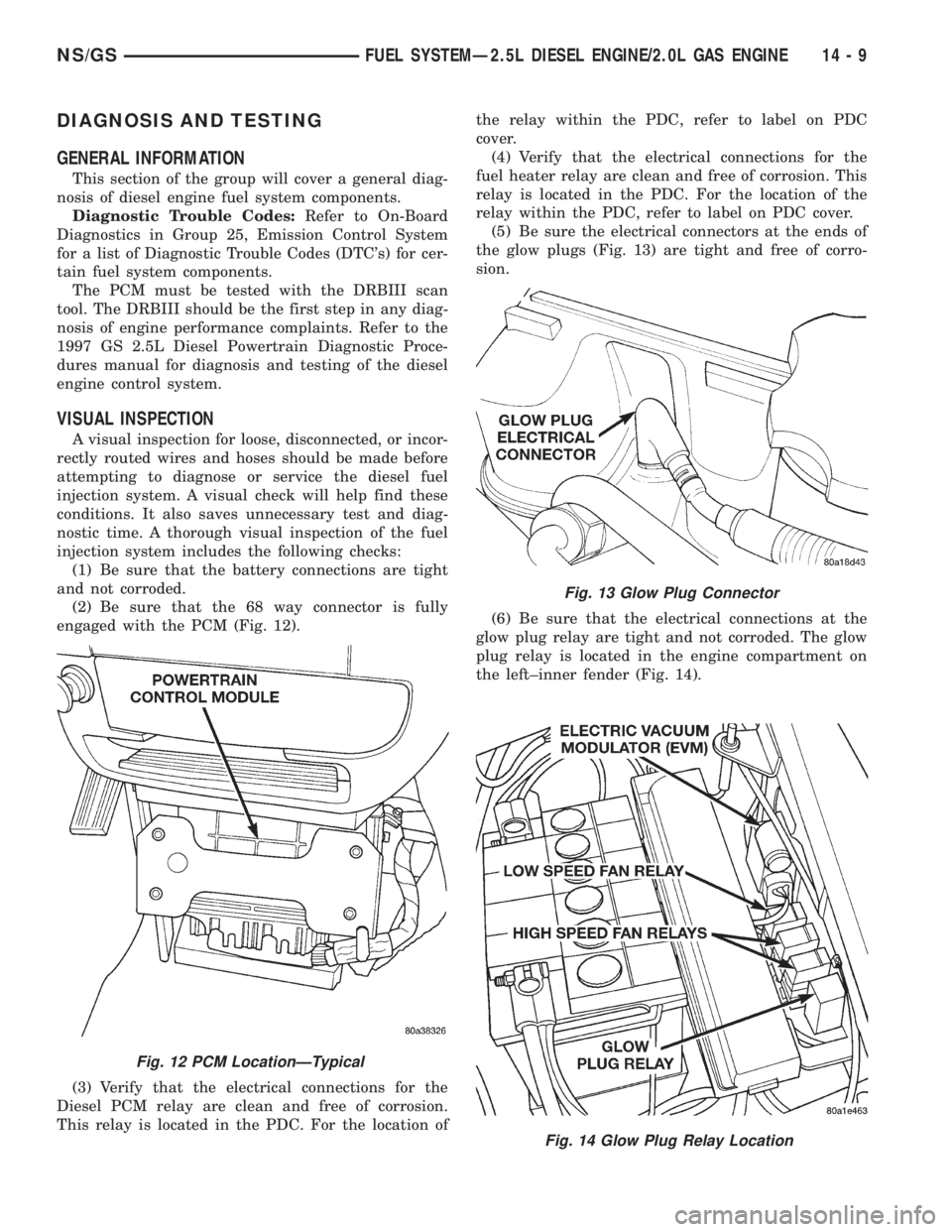 CHRYSLER VOYAGER 1996  Service Manual DIAGNOSIS AND TESTING
GENERAL INFORMATION
This section of the group will cover a general diag-
nosis of diesel engine fuel system components.
Diagnostic Trouble Codes:Refer to On-Board
Diagnostics in 